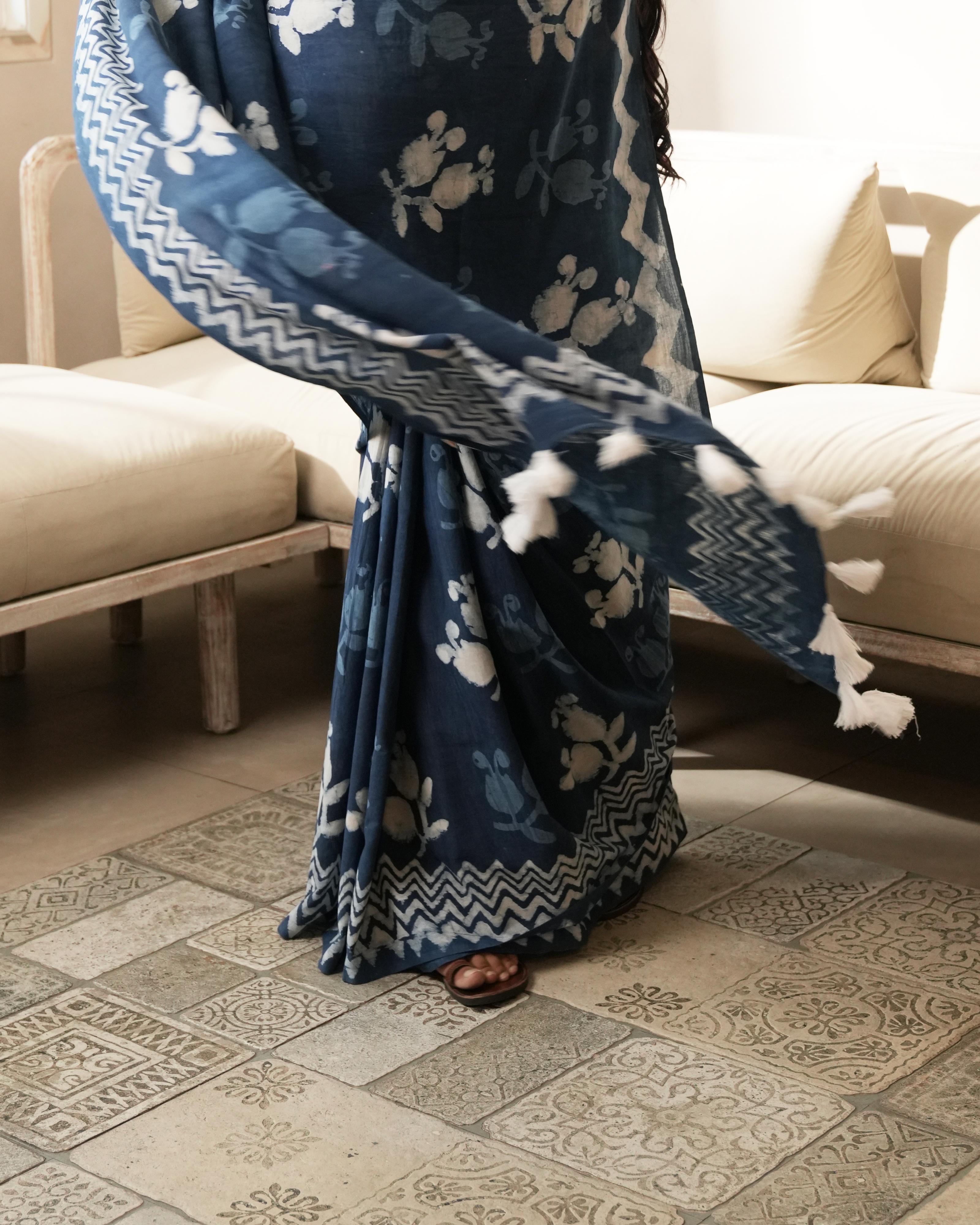 Dabu Print Mul Cotton Saree | Indigo Butta for Office, Gatherings & Festive Brunches