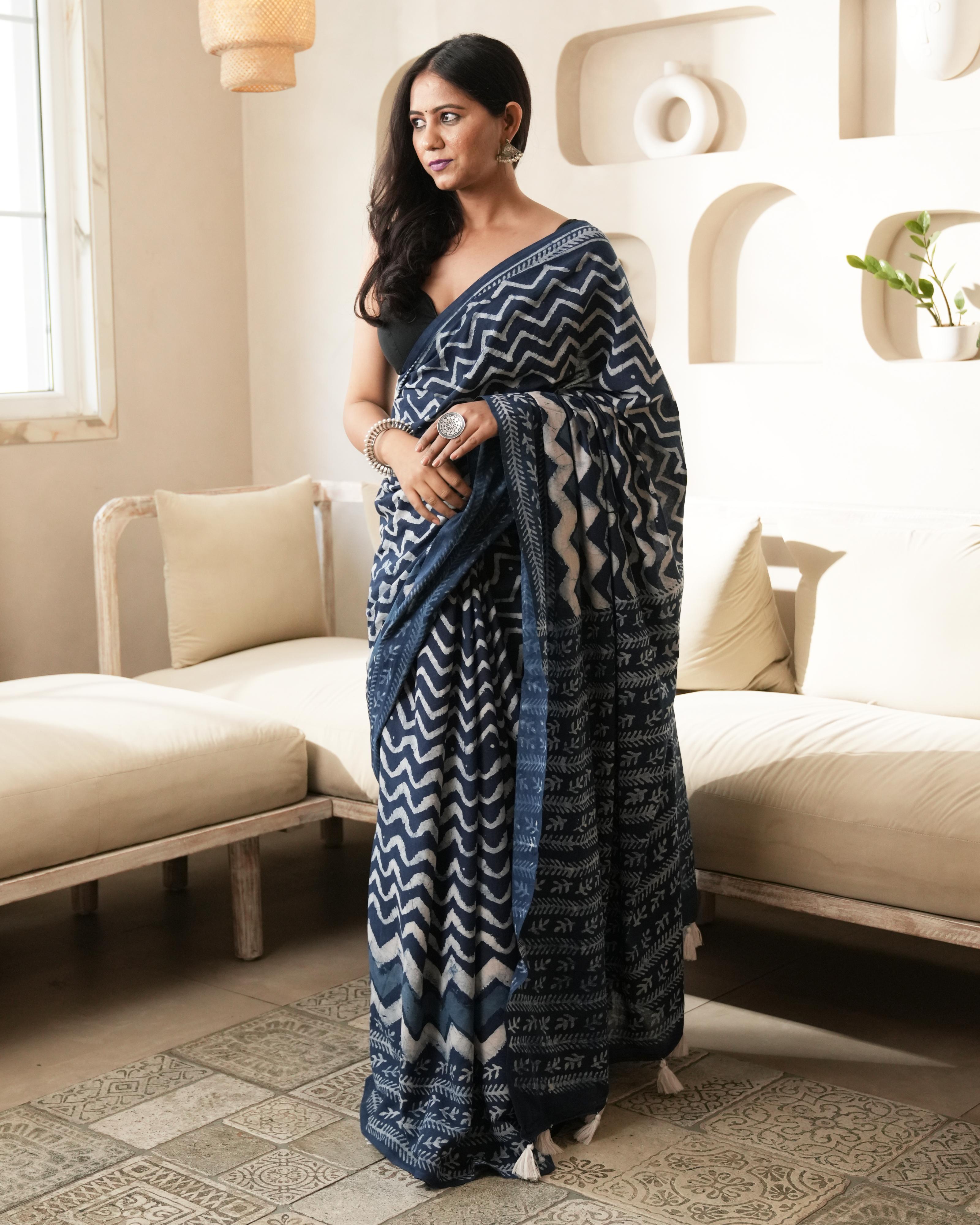 Dabu Print Mul Cotton Saree | Indigo Wave Tassel for Workdays, Brunches & Festivals
