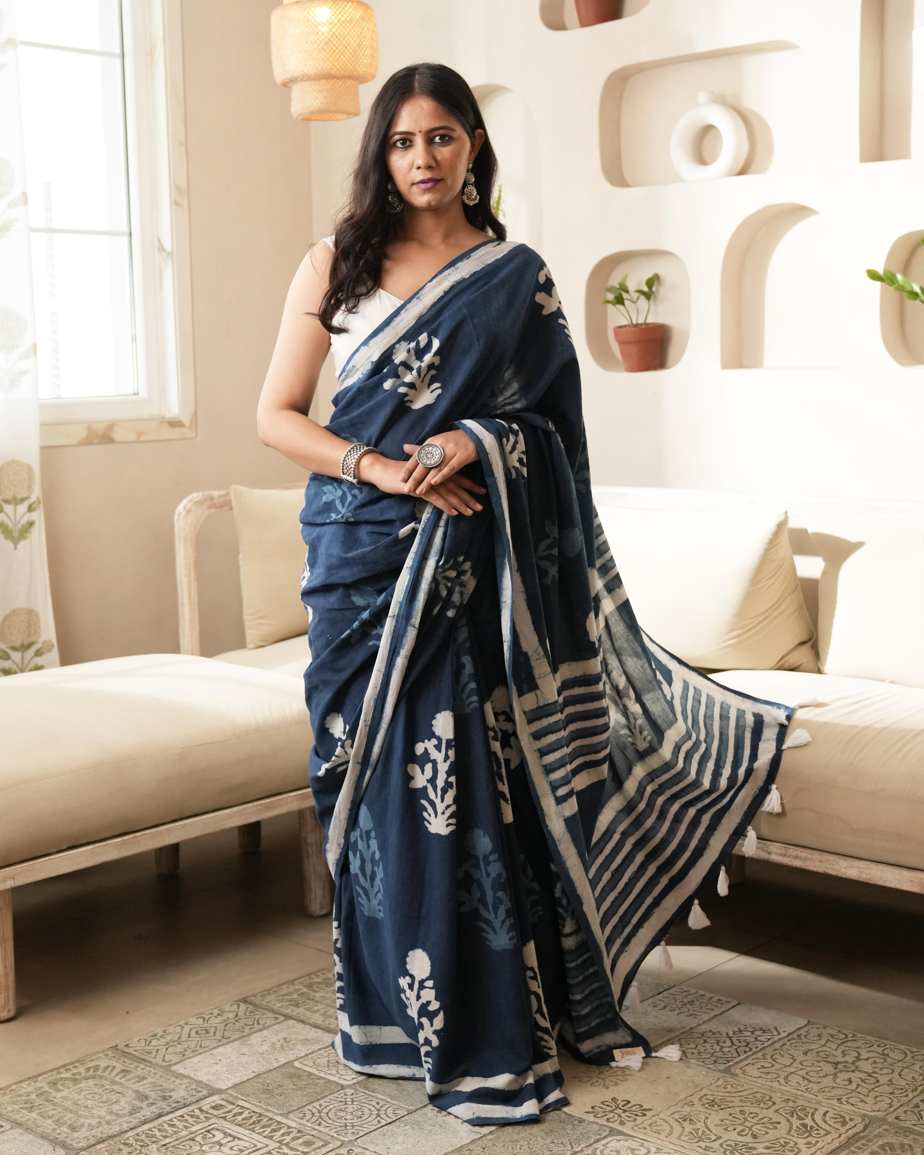 Dabu Print Mul Cotton Saree | Indigo Mughal Butta for Everyday & Cultural Events