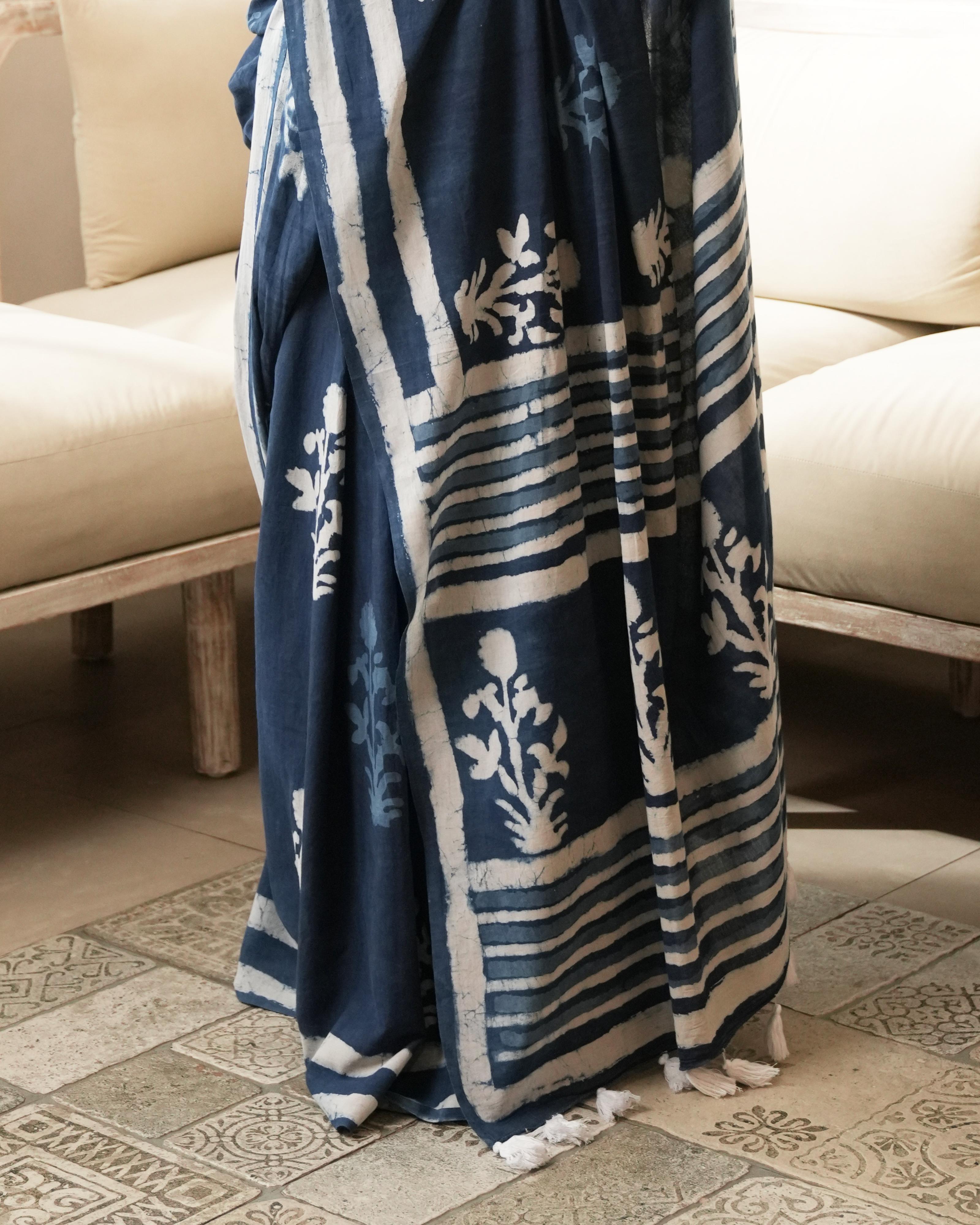 Dabu Print Mul Cotton Saree | Indigo Mughal Butta for Everyday & Cultural Events