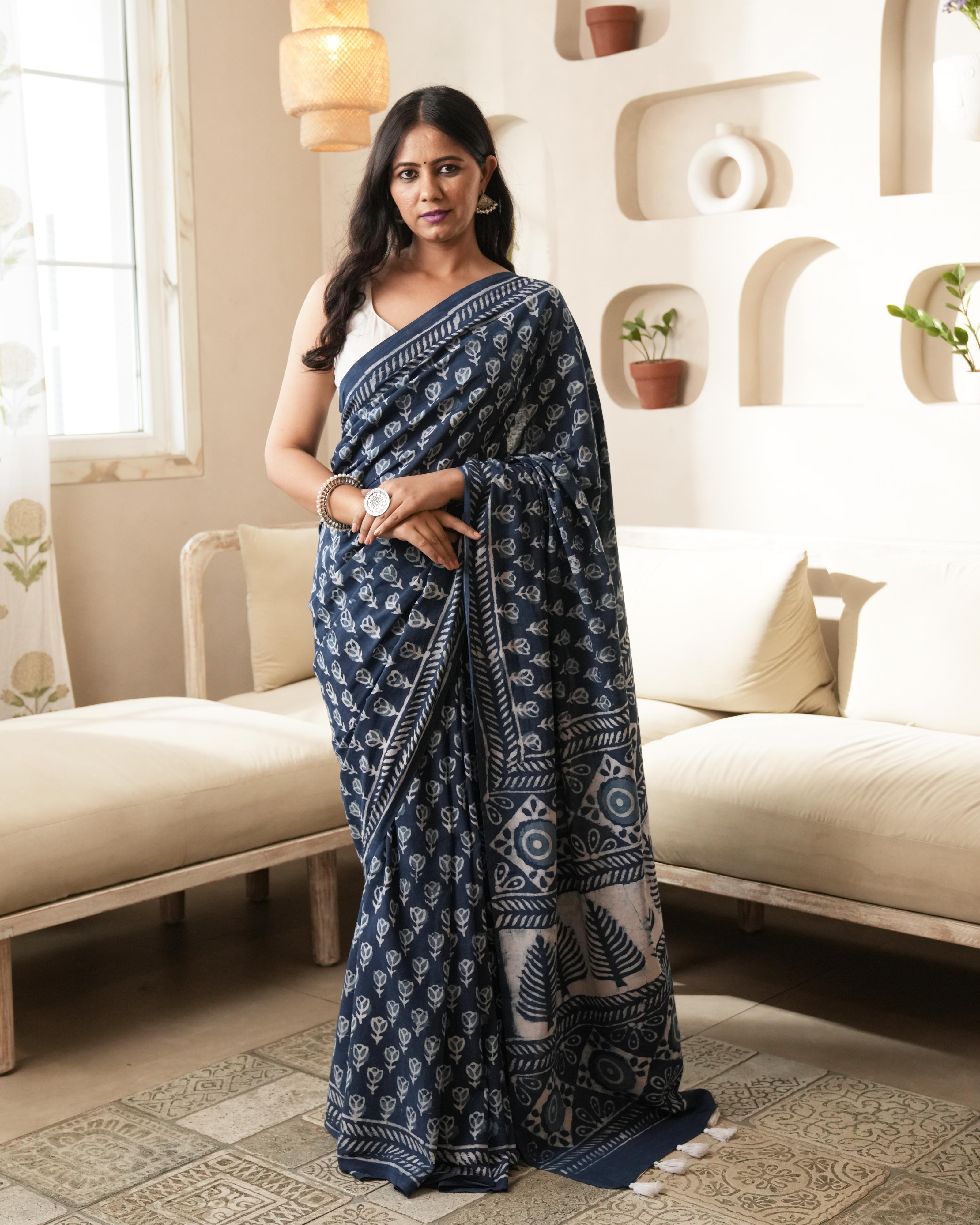 Dabu Print Mul Cotton Saree | Indigo Butti for Daily Wear, Work & Cultural Events
