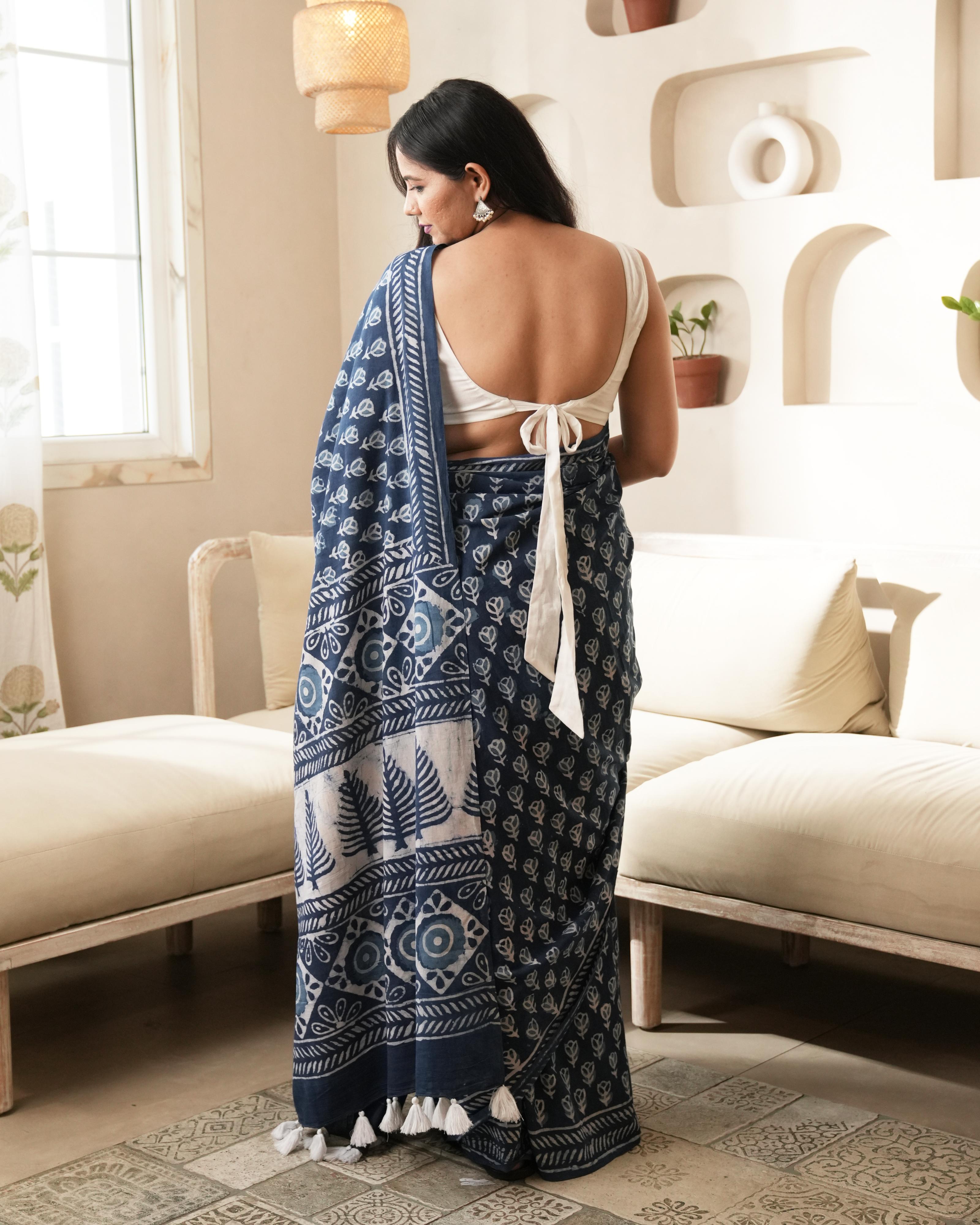 Dabu Print Mul Cotton Saree | Indigo Butti for Daily Wear, Work & Cultural Events