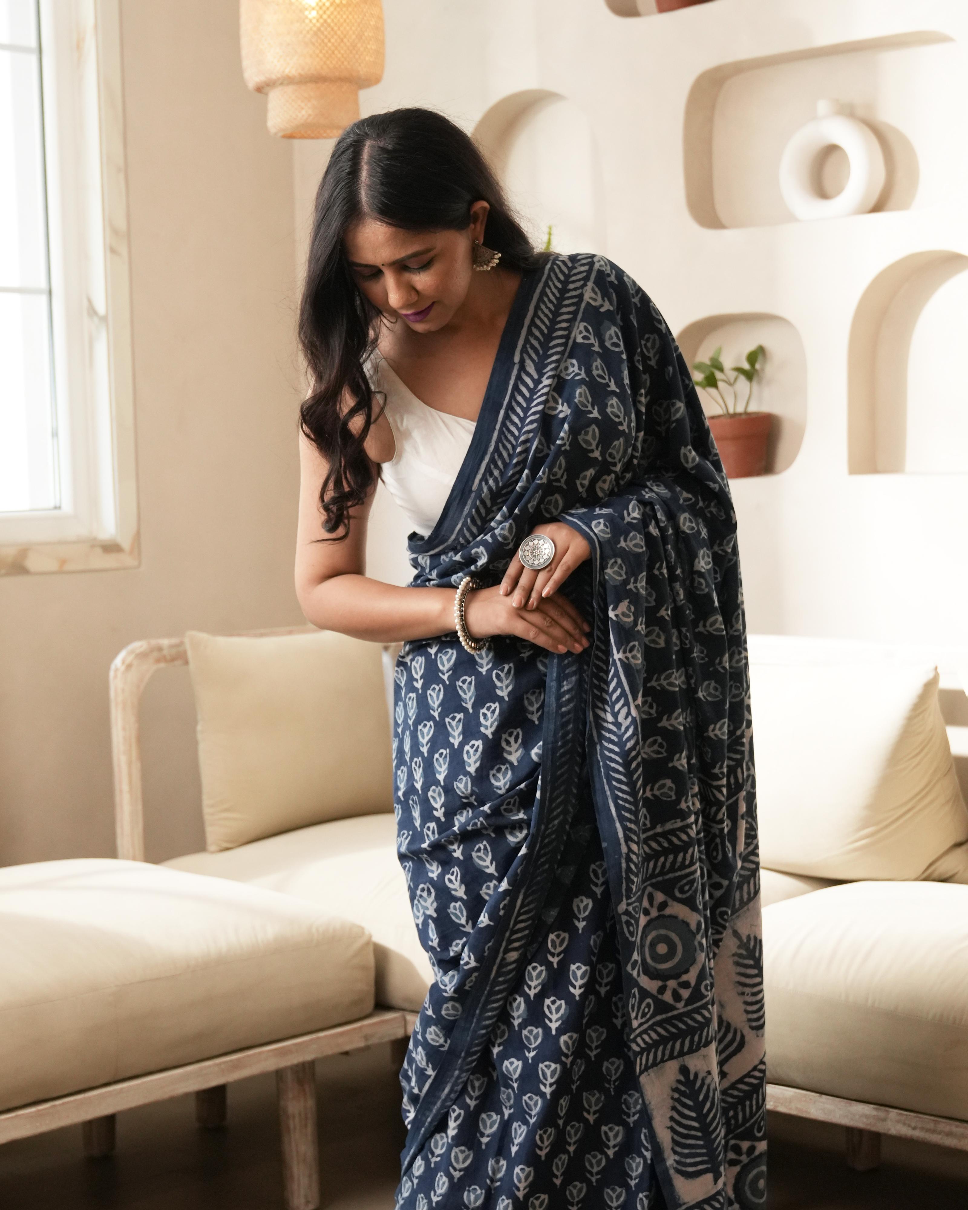 Dabu Print Mul Cotton Saree | Indigo Butti for Daily Wear, Work & Cultural Events