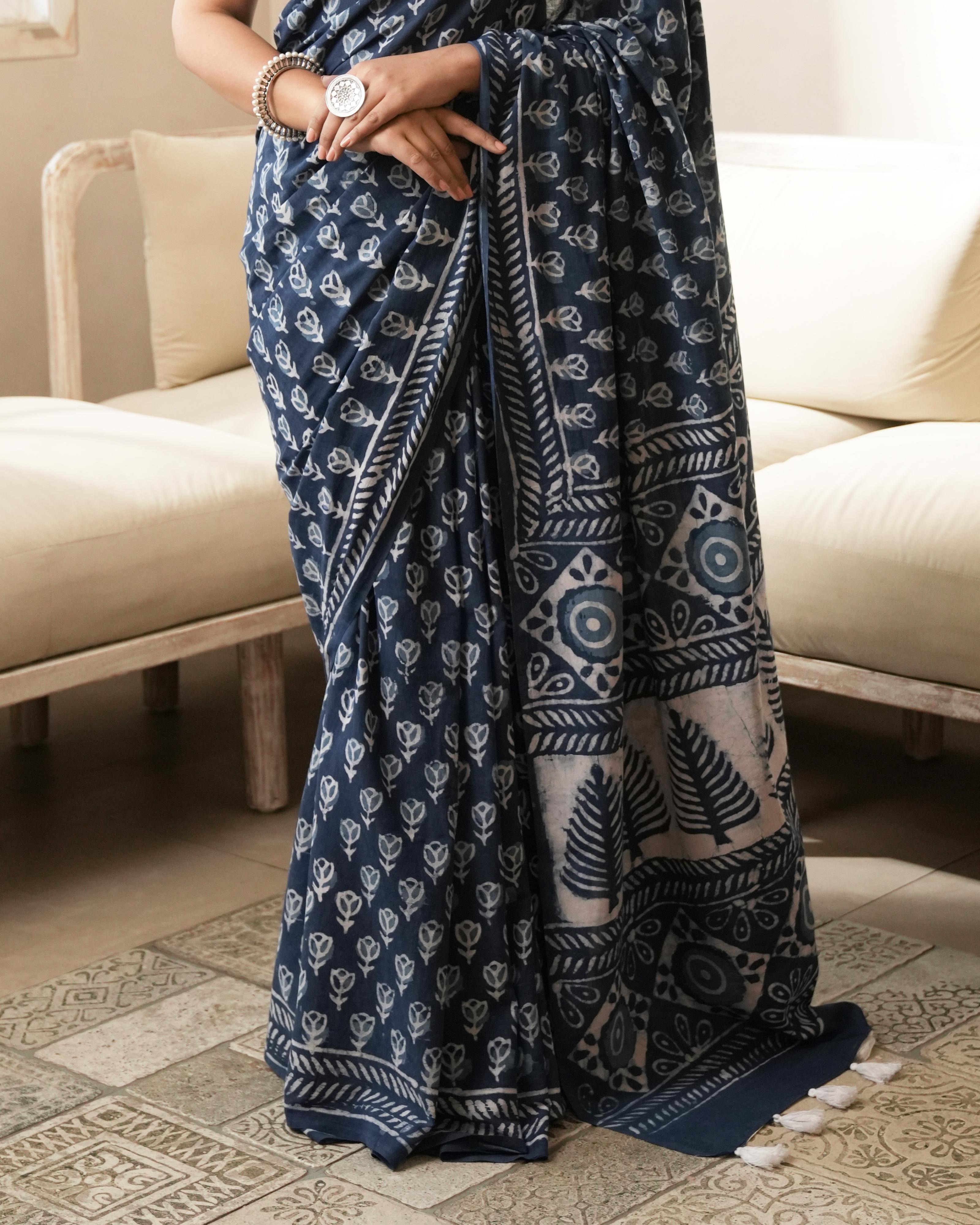 Dabu Print Mul Cotton Saree | Indigo Butti for Daily Wear, Work & Cultural Events