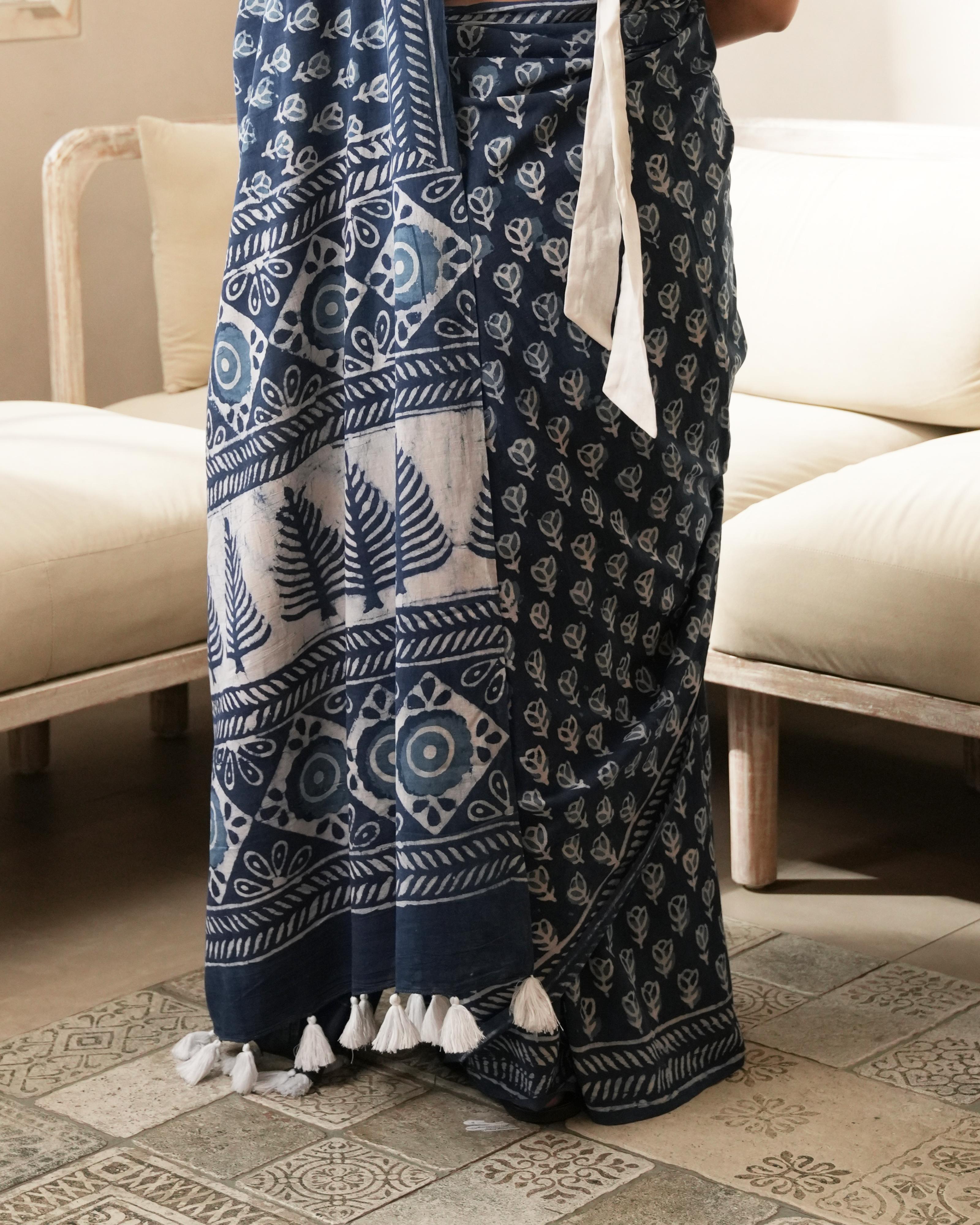 Dabu Print Mul Cotton Saree | Indigo Butti for Daily Wear, Work & Cultural Events