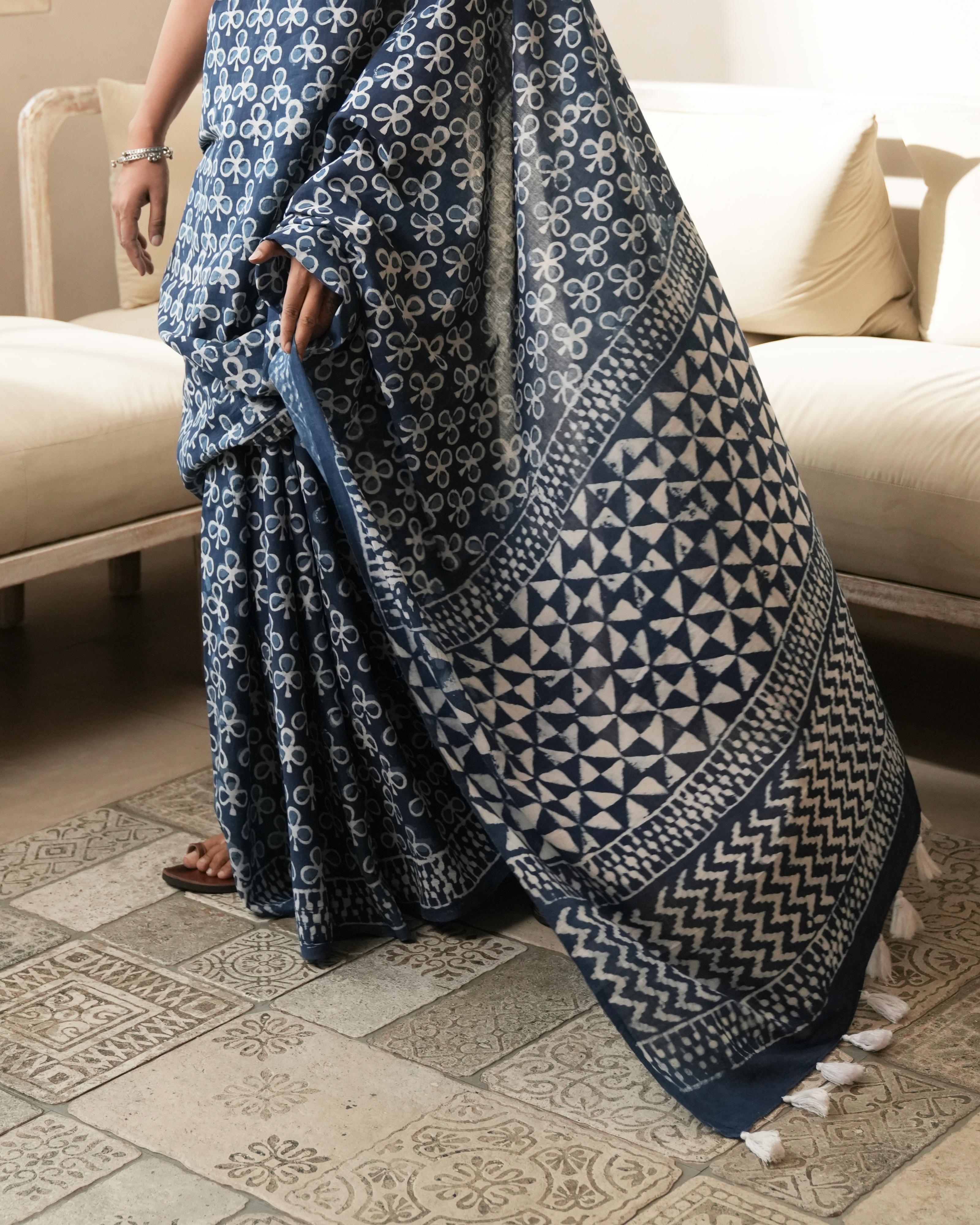 Dabu Print Mul Cotton Saree | Indigo Traditional for Festivals, Everyday & Heritage Wear