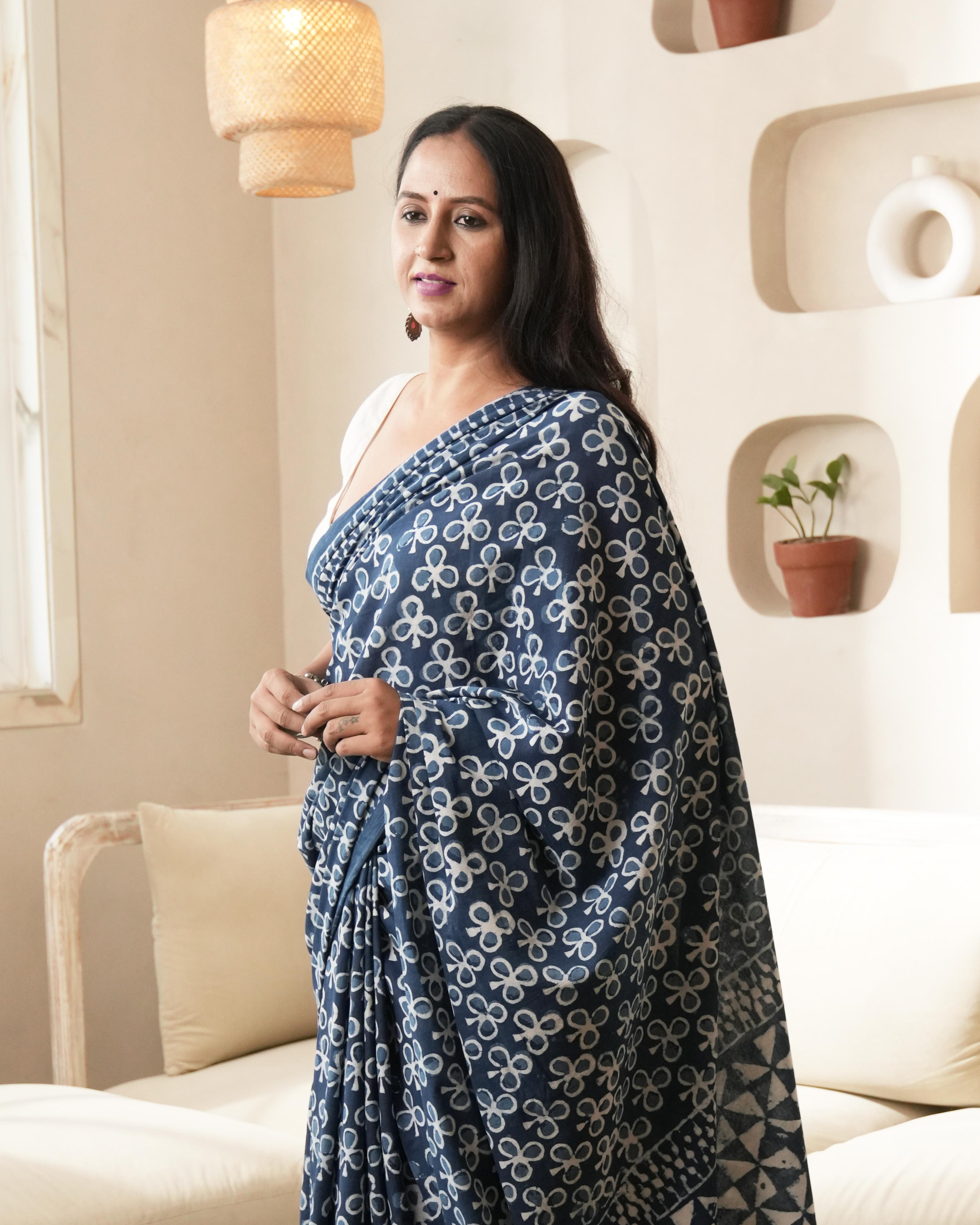 Dabu Print Mul Cotton Saree | Indigo Traditional for Festivals, Everyday & Heritage Wear