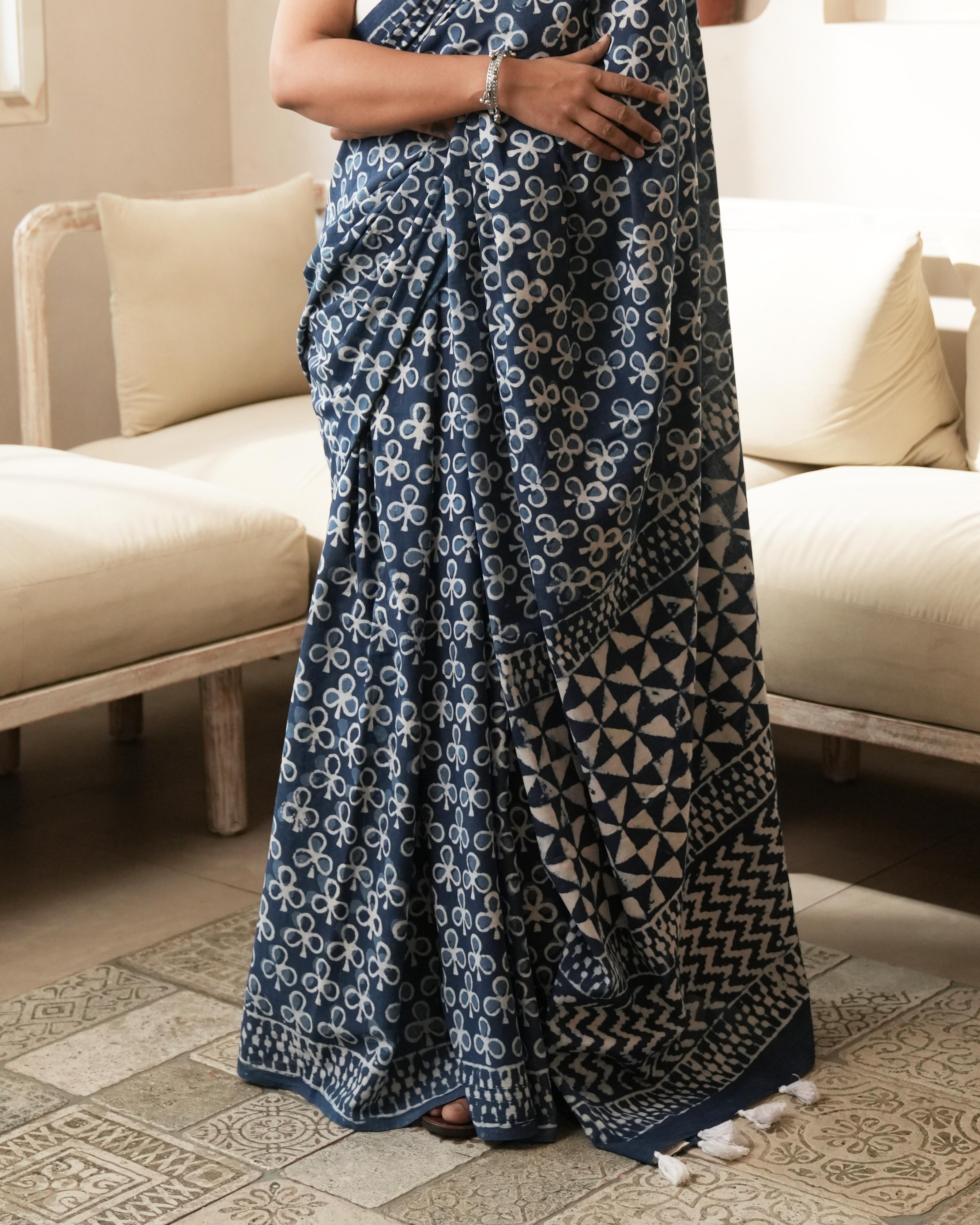 Dabu Print Mul Cotton Saree | Indigo Traditional for Festivals, Everyday & Heritage Wear