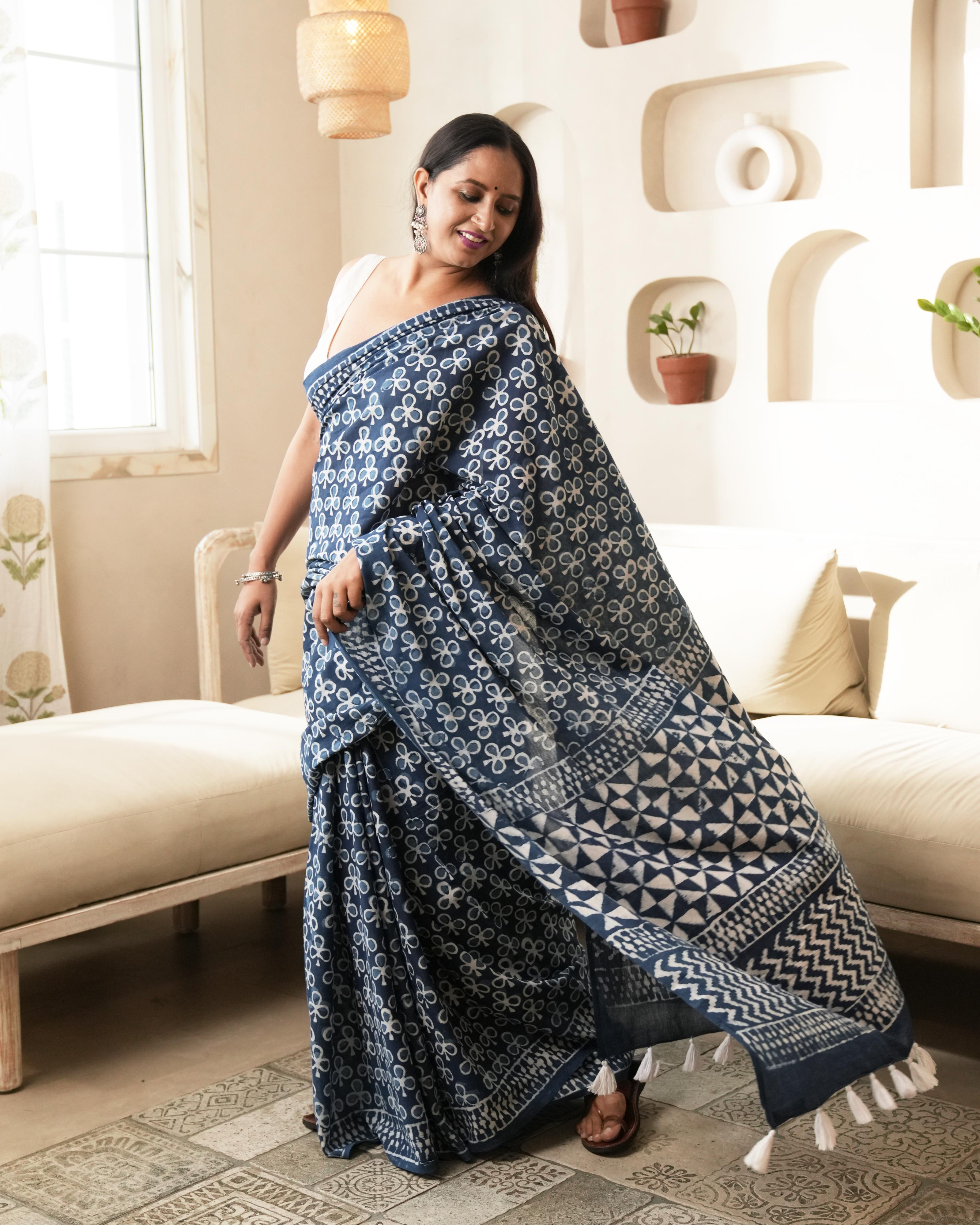 Dabu Print Mul Cotton Saree | Indigo Traditional for Festivals, Everyday & Heritage Wear
