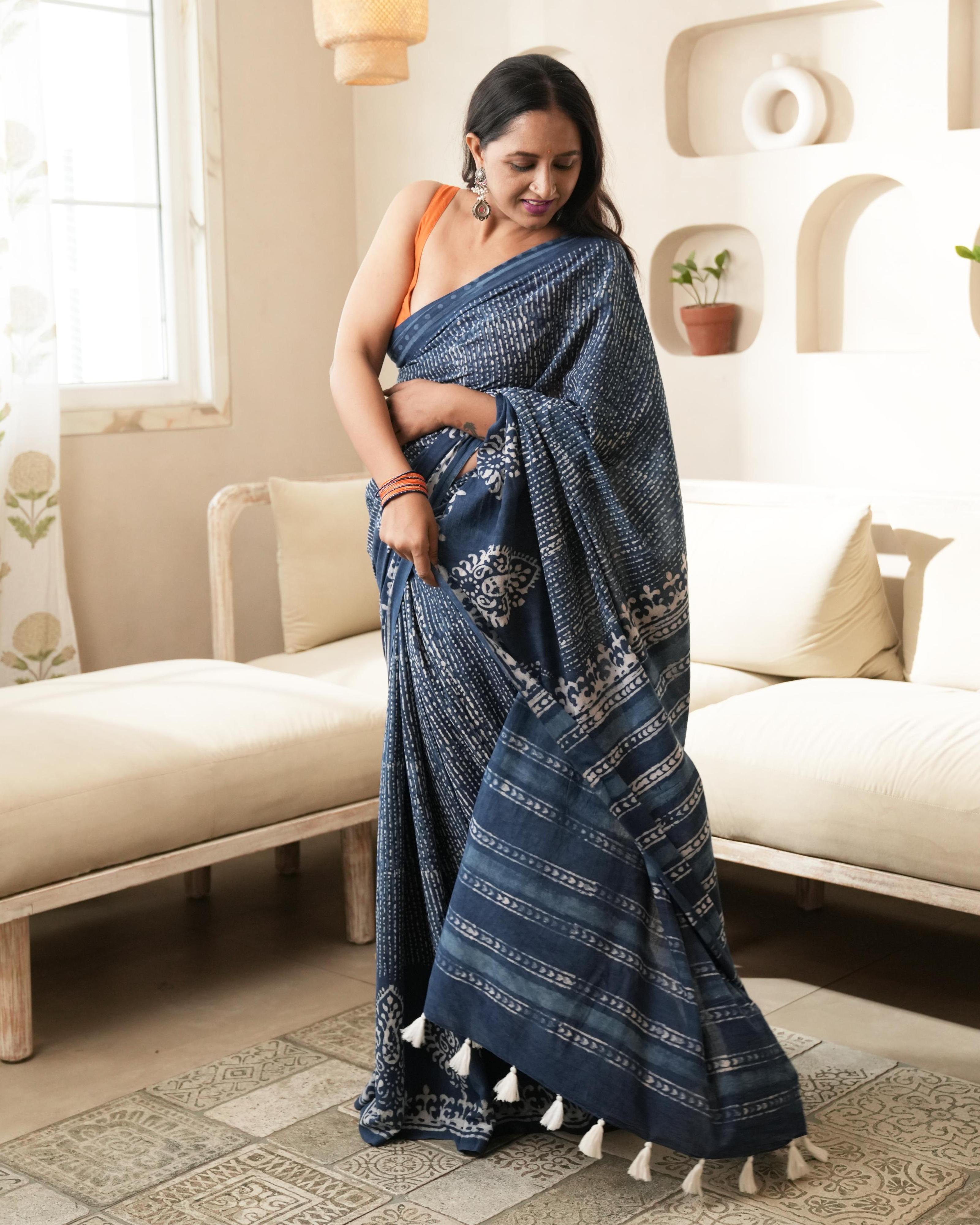 tree butta hand block print saree