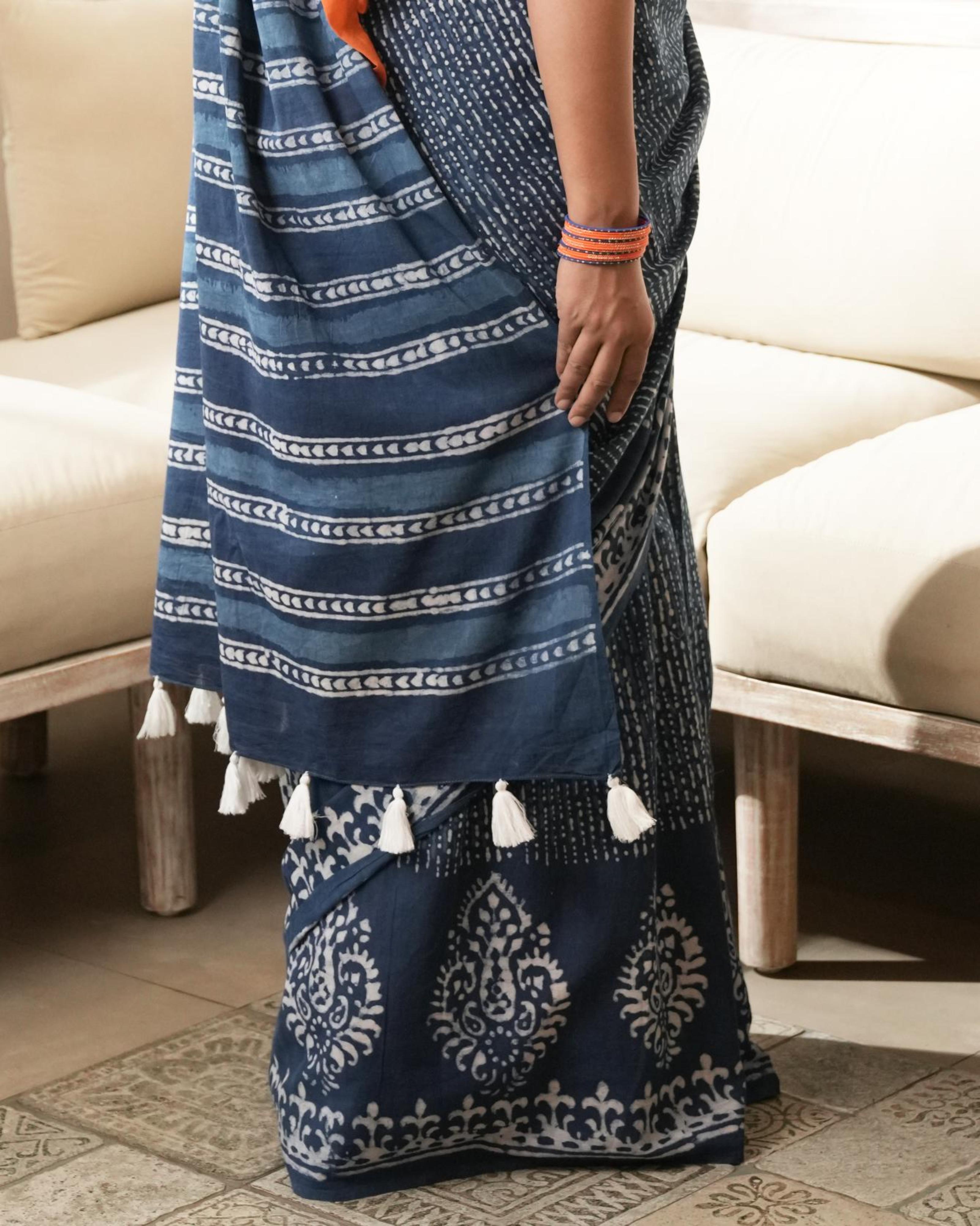 Dabu Print Mul Cotton Saree | Indigo Tree Butta for Cultural Gatherings & Everyday Wear