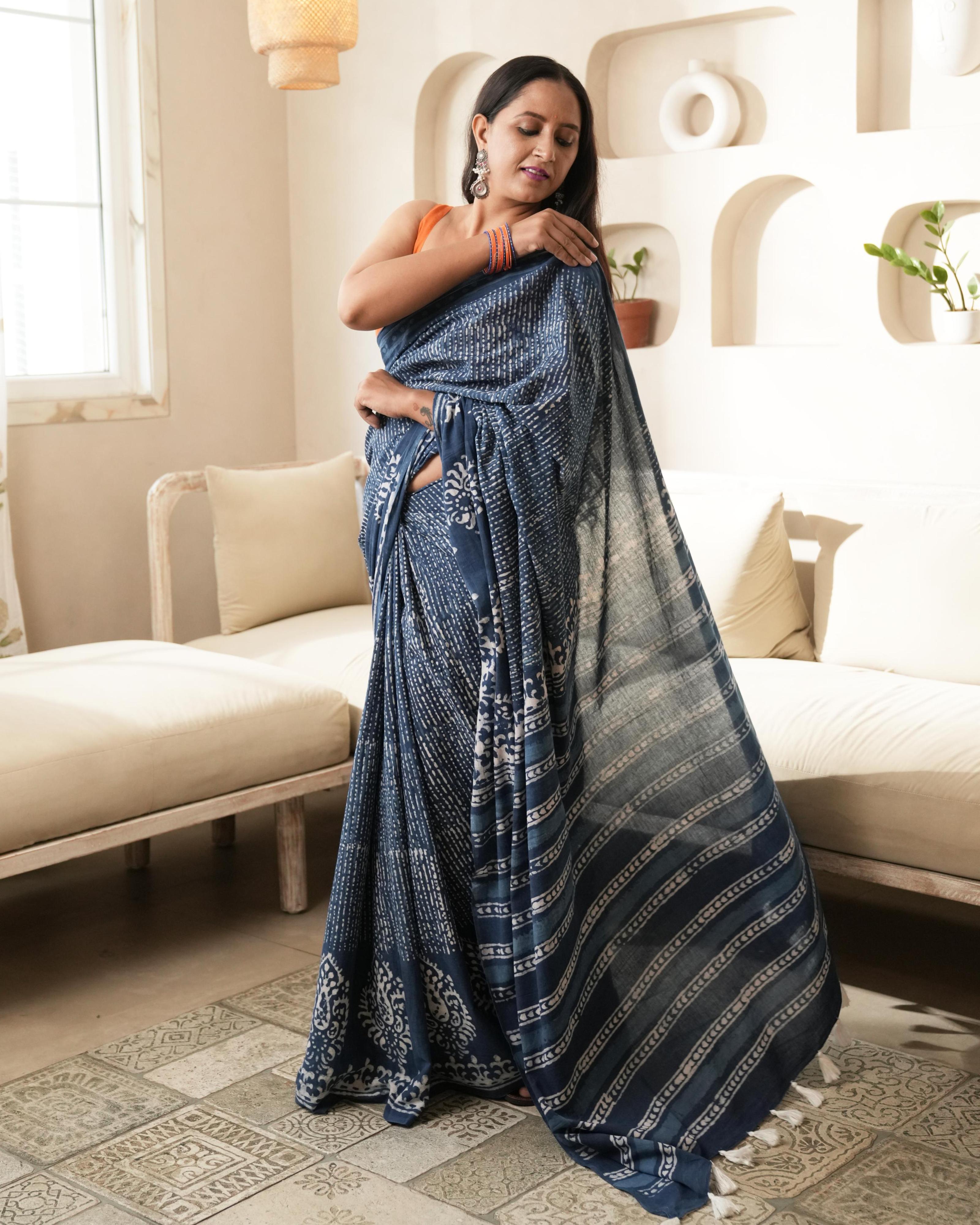 natural dye indigo block print saree
