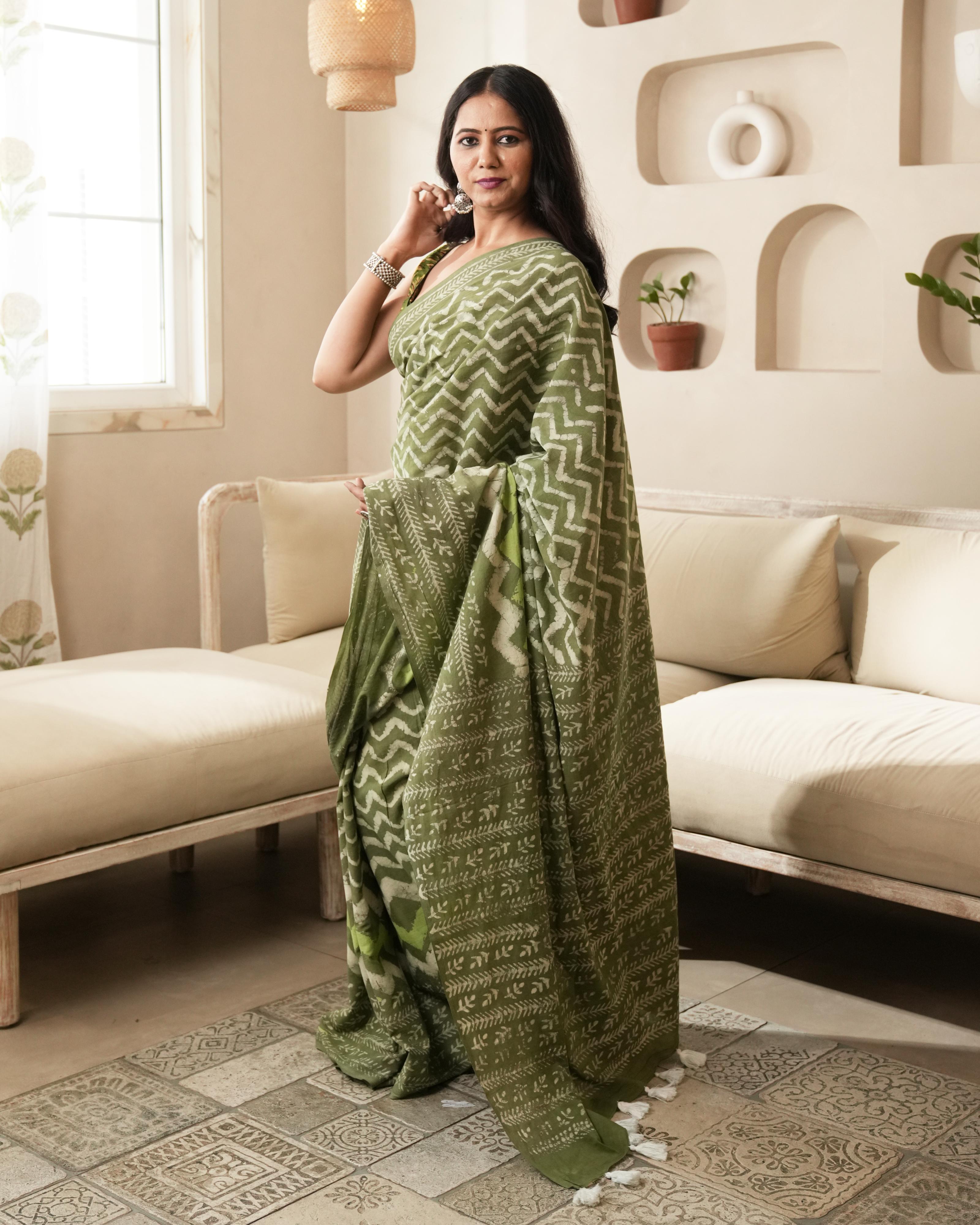 Dabu Print Mul Cotton Saree | Rustic Green Wave for Casual Outings & Cultural Events