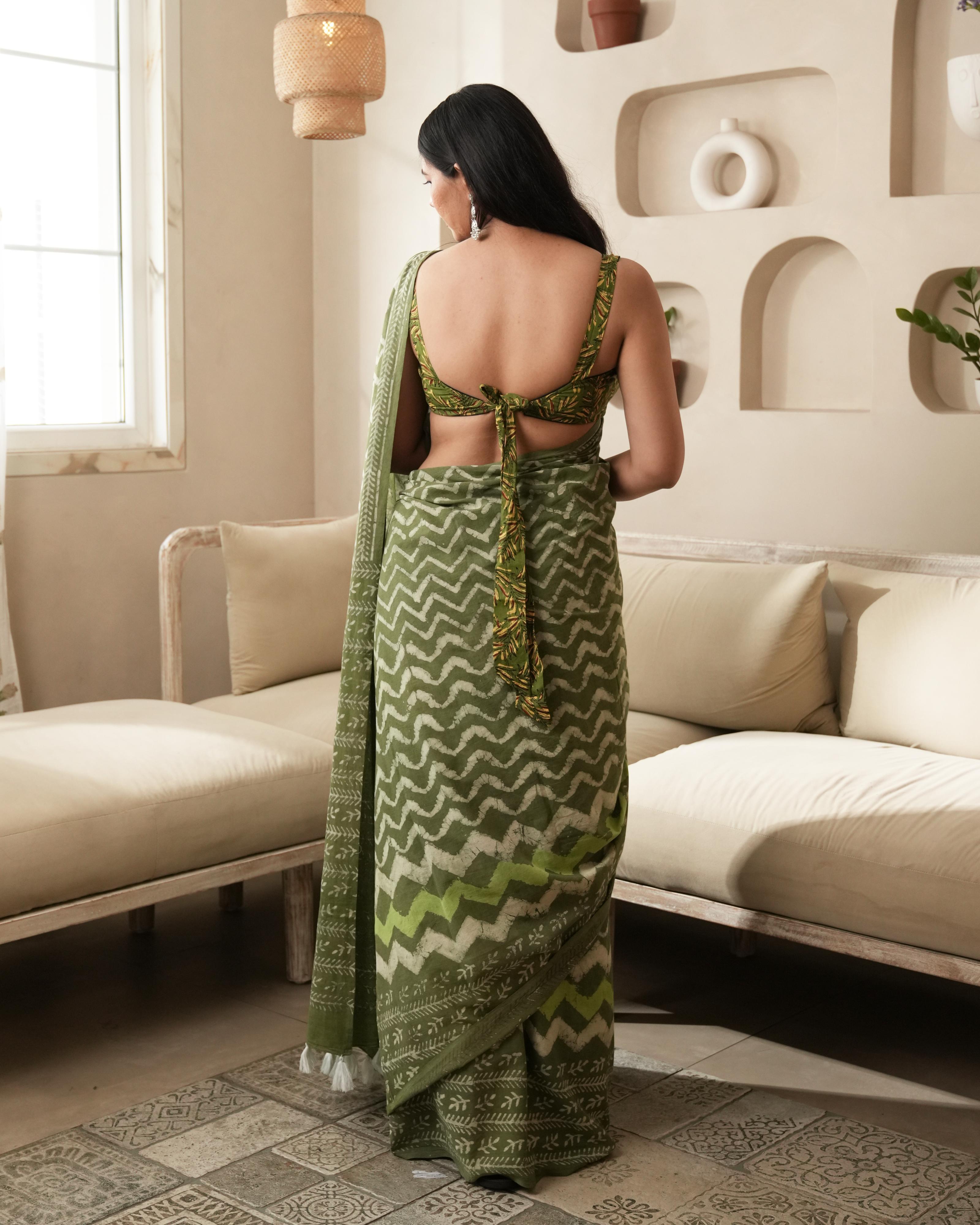 Dabu Print Mul Cotton Saree | Rustic Green Wave for Casual Outings & Cultural Events