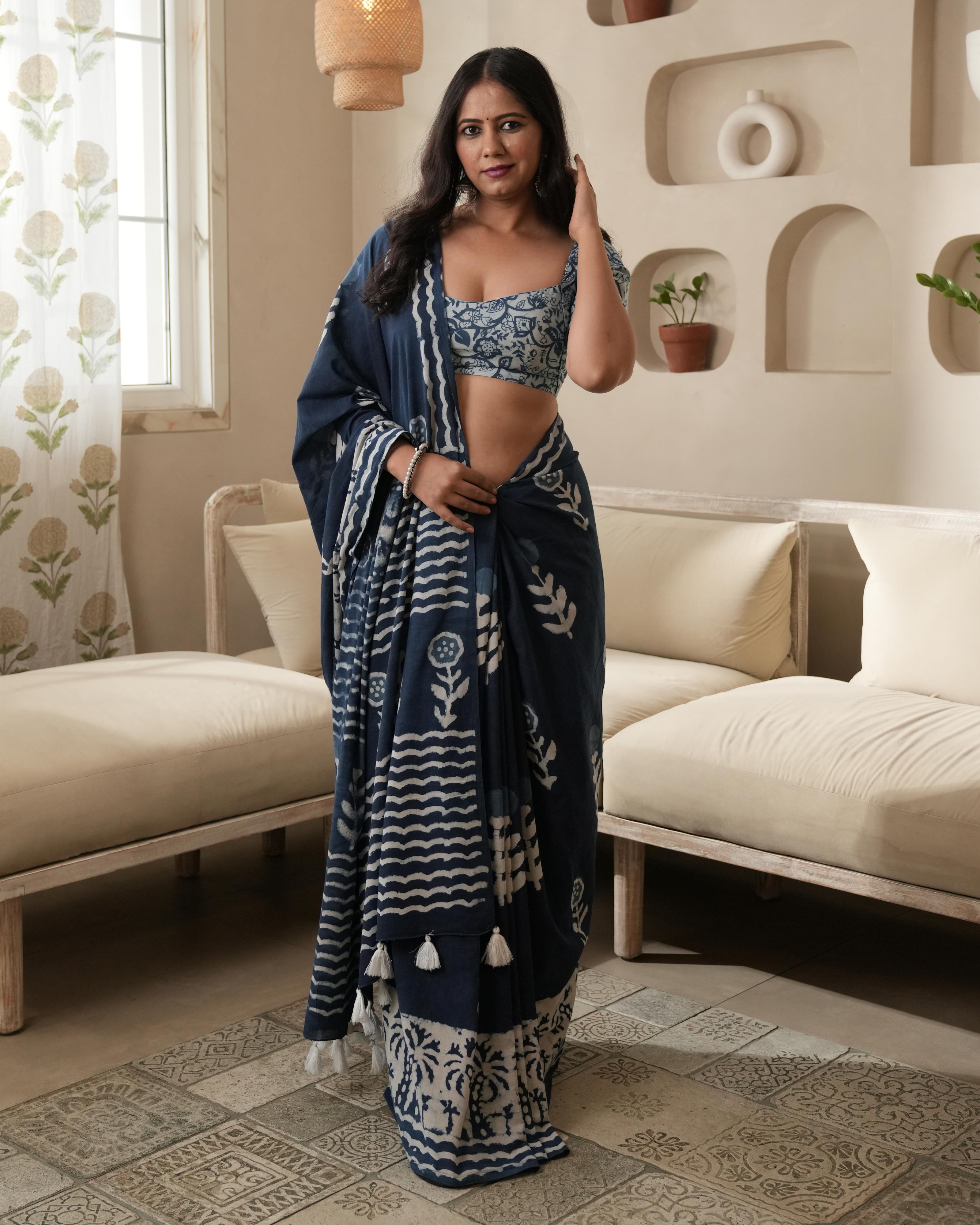 Dabu Print Mul Cotton Saree | Indigo Parecha Border for Festive & Cultural Occasions