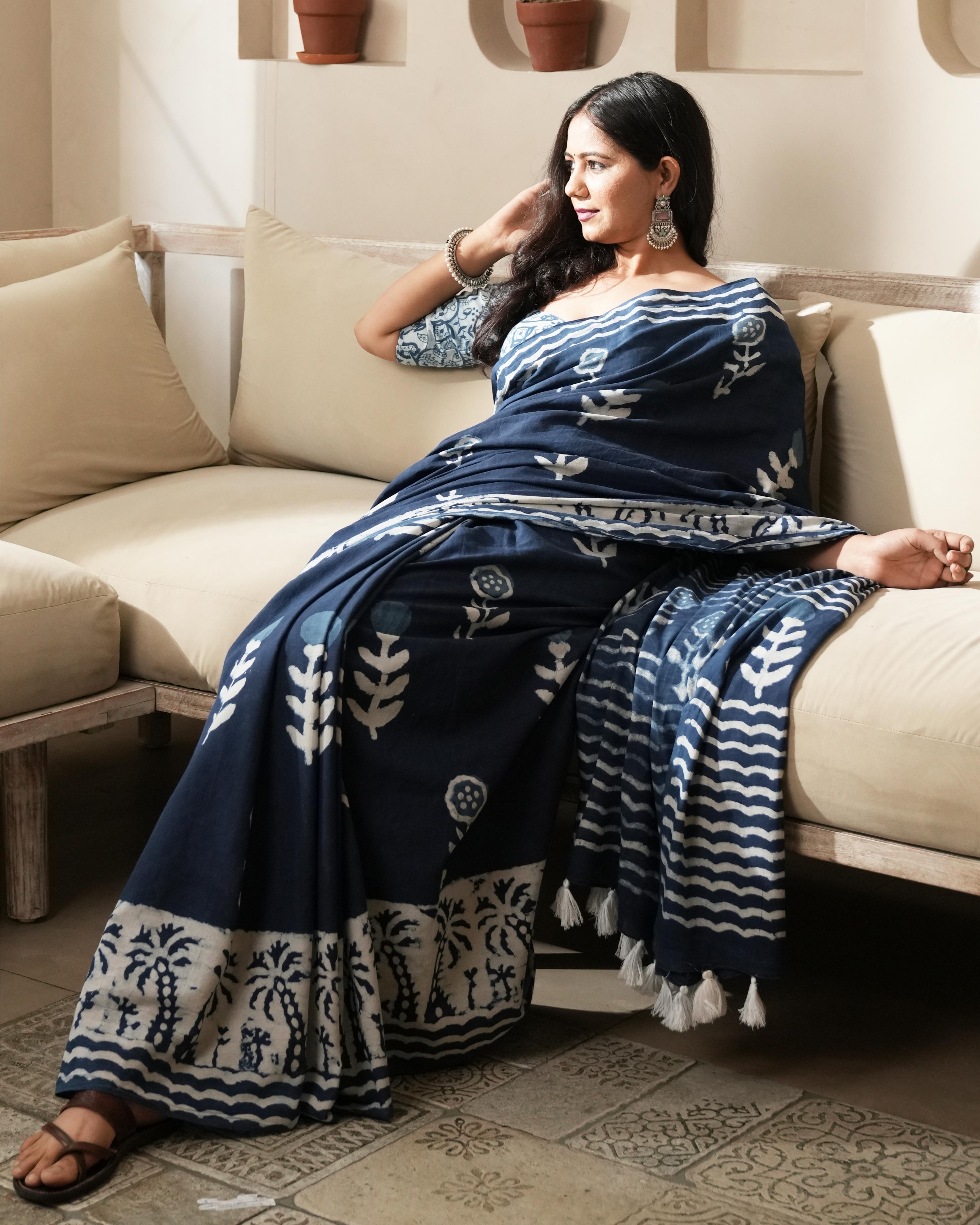 Dabu Print Mul Cotton Saree | Indigo Parecha Border for Festive & Cultural Occasions