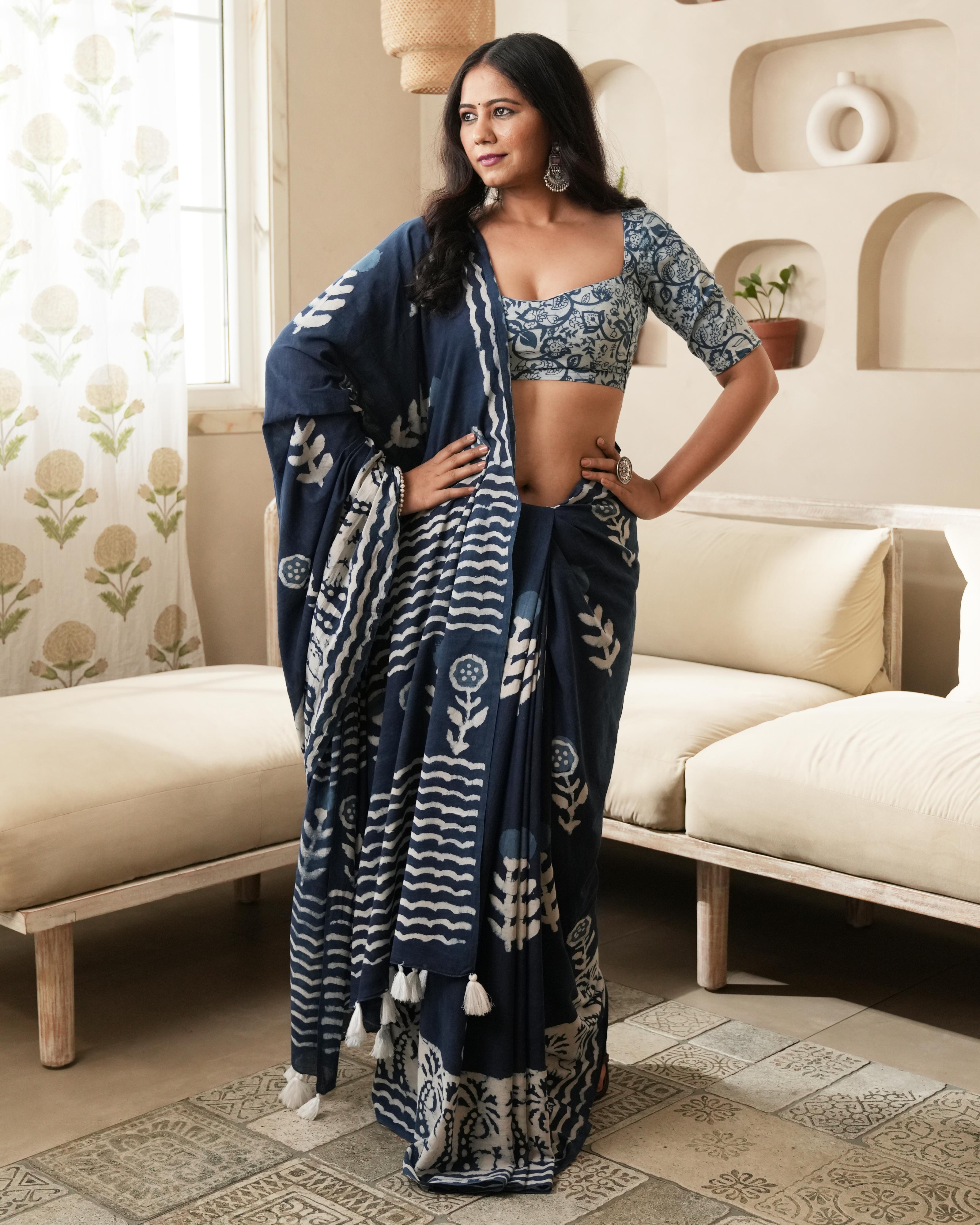 Dabu Print Mul Cotton Saree | Indigo Parecha Border for Festive & Cultural Occasions