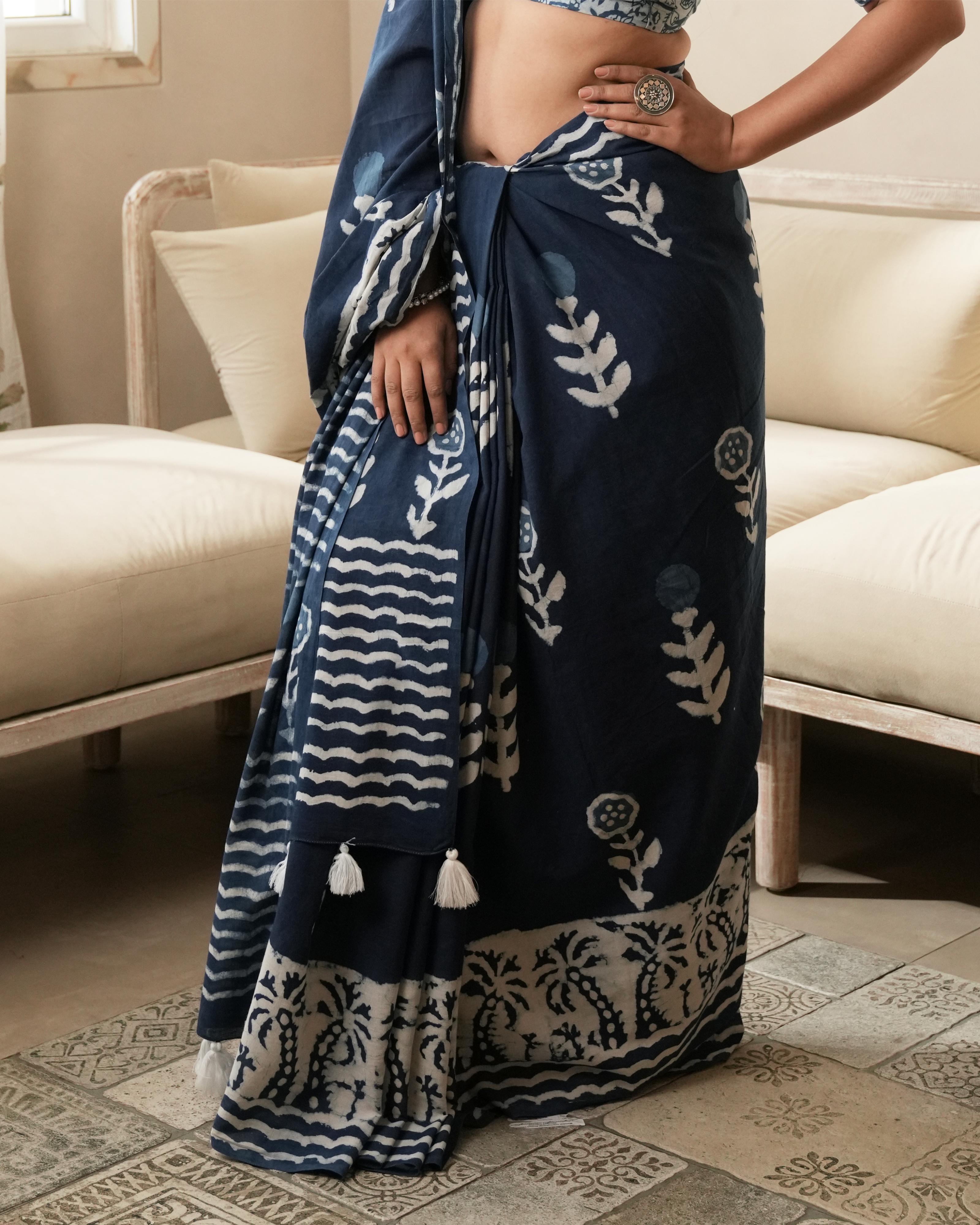 Dabu Print Mul Cotton Saree | Indigo Parecha Border for Festive & Cultural Occasions