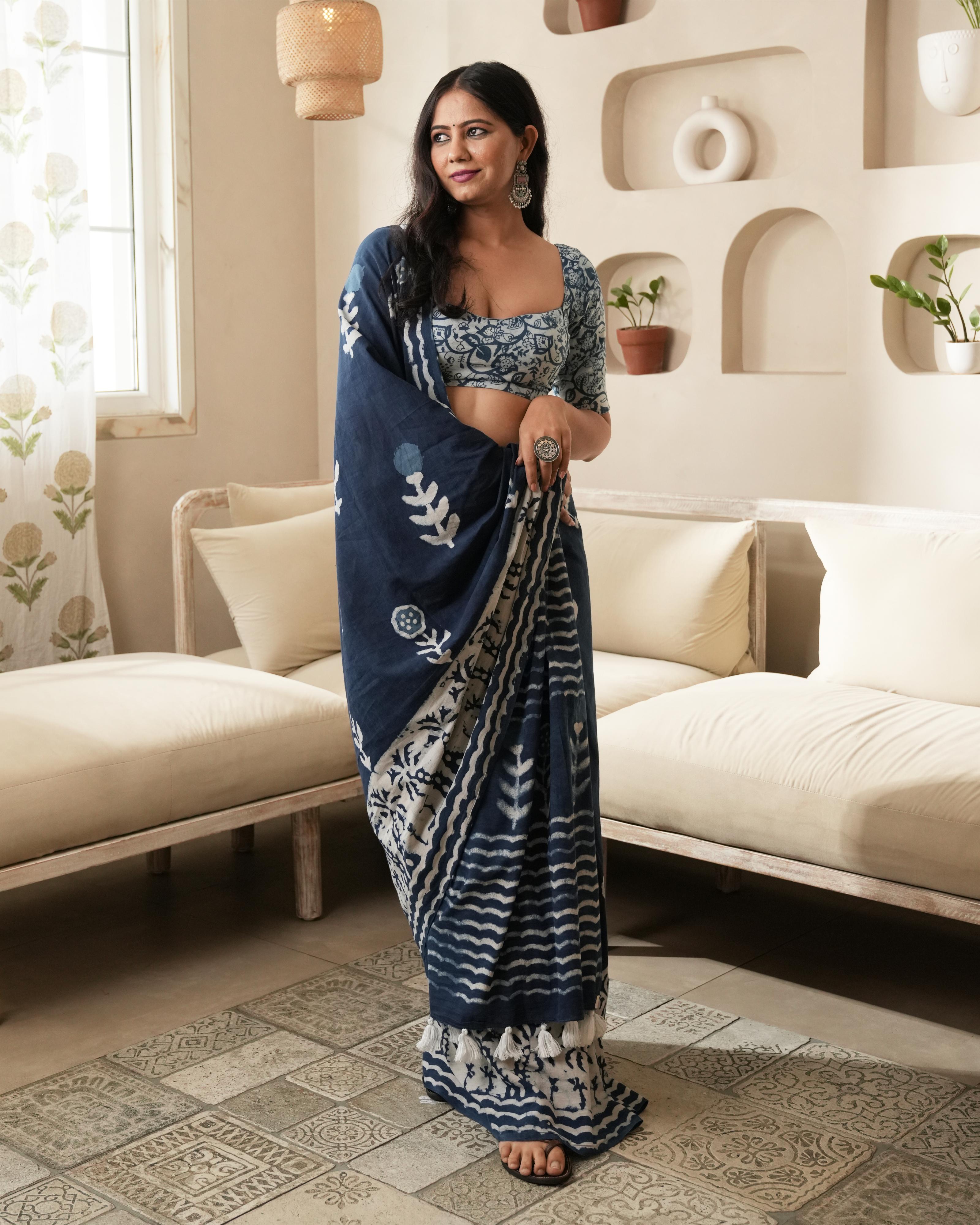 Dabu Print Mul Cotton Saree | Indigo Parecha Border for Festive & Cultural Occasions