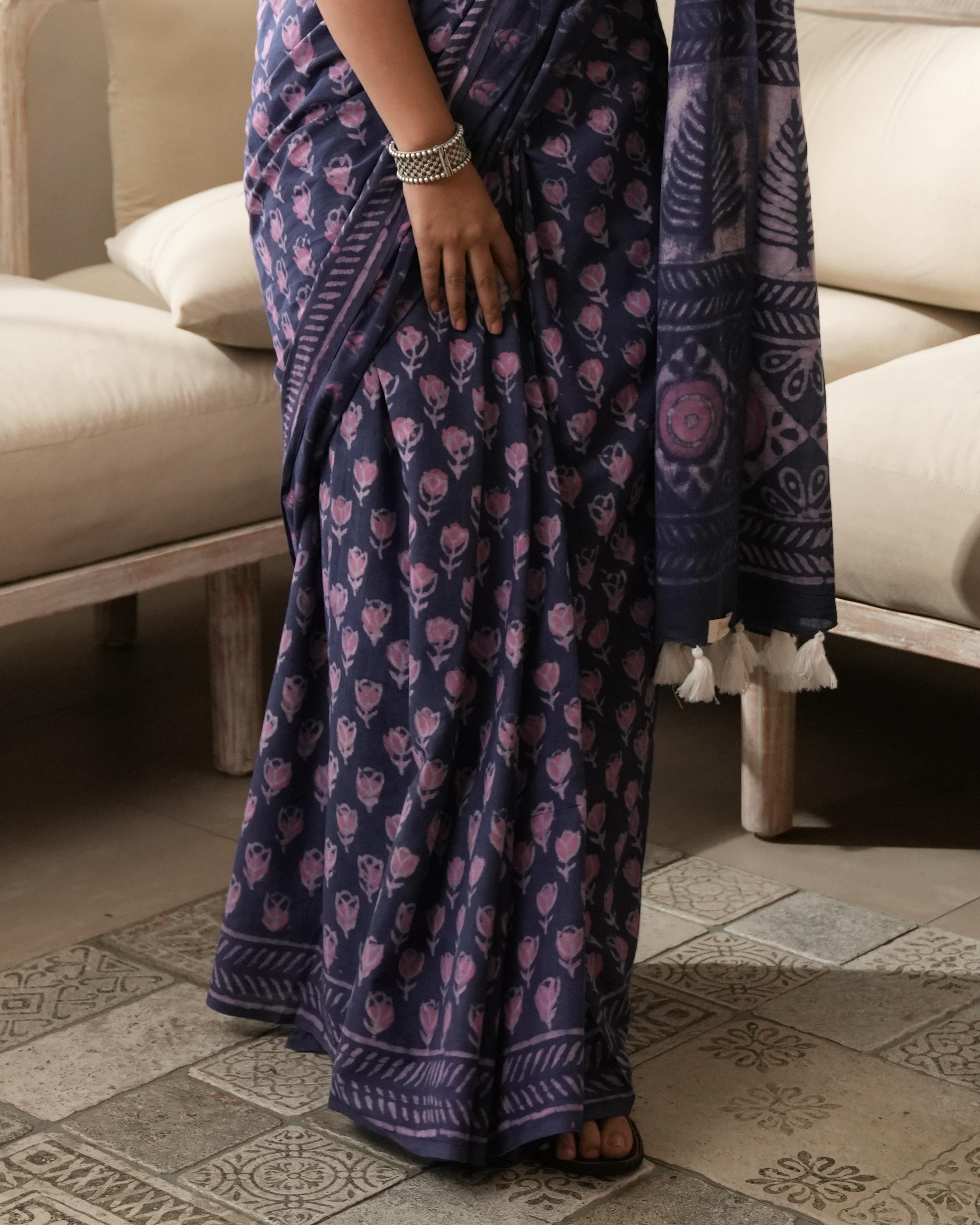 Dabu Print Mul Cotton Saree | Purple Butti Tassel for Festive & Day-to-Evening Wear