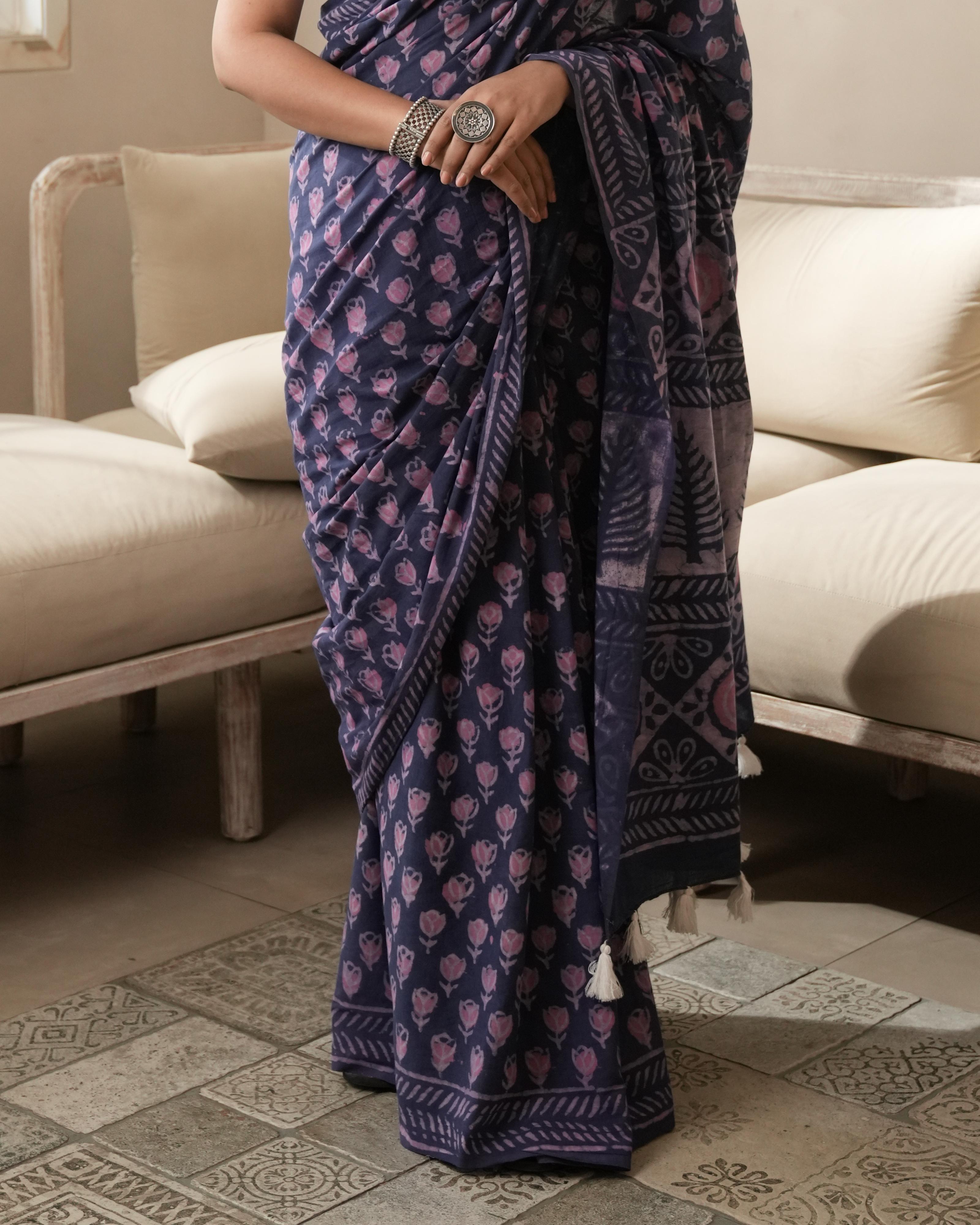 Dabu Print Mul Cotton Saree | Purple Butti Tassel for Festive & Day-to-Evening Wear