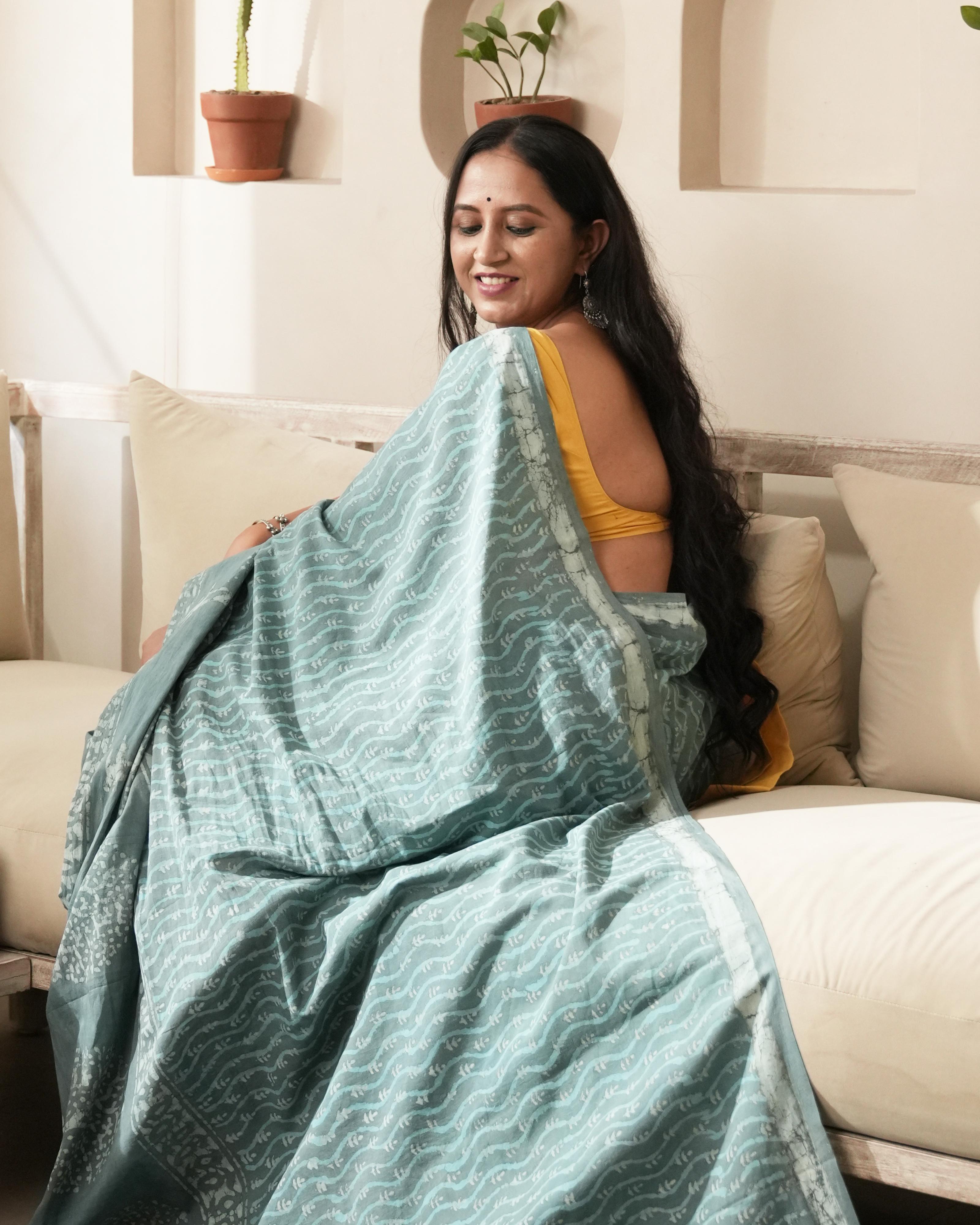 Dabu Print Mul Cotton Saree | Rustic Teal Butta Tassel for Festive & Cultural Events
