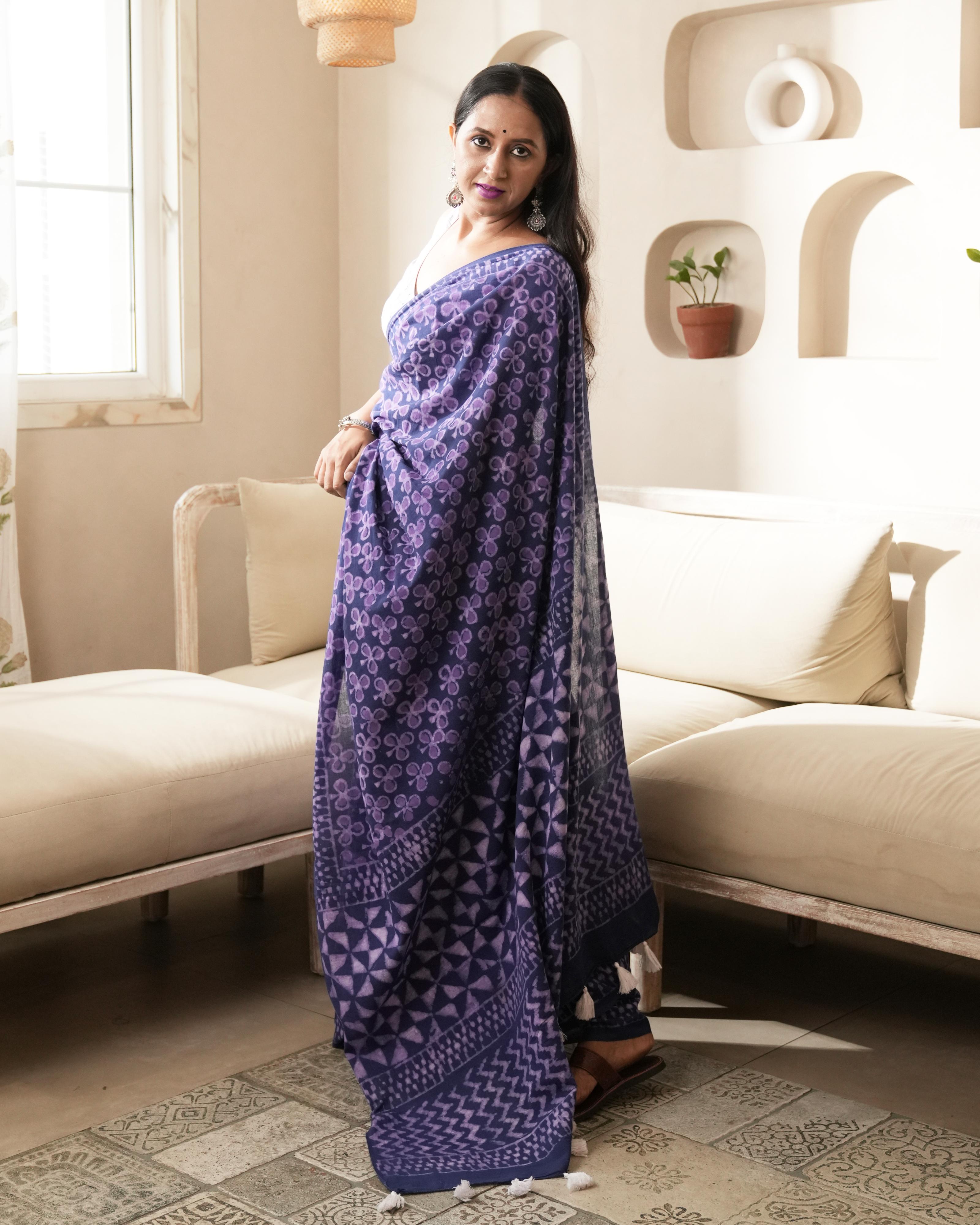 Dabu Print Mul Cotton Saree | Indigo Blue Tassel for Daytime Gatherings & Festive Wear
