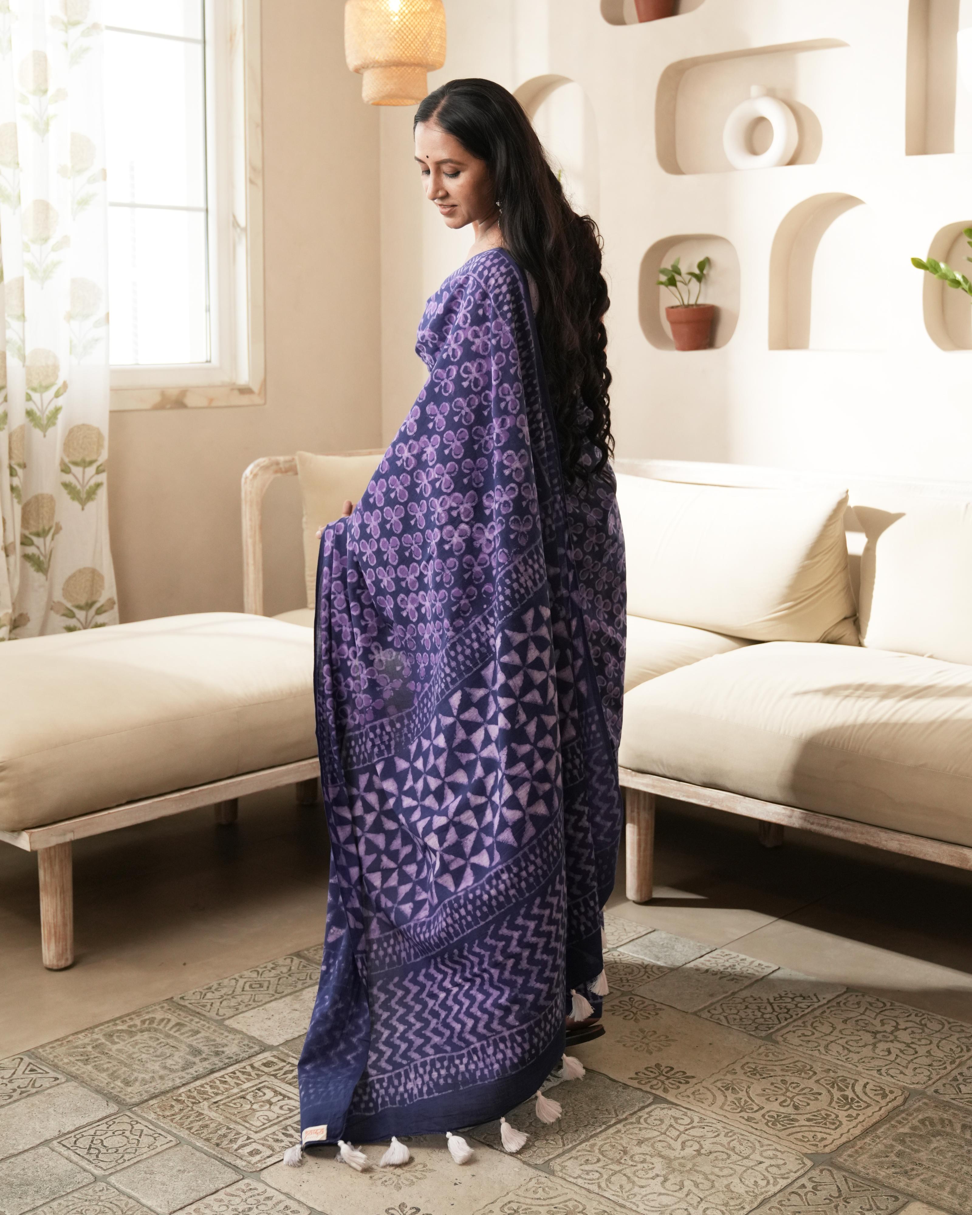 Dabu Print Mul Cotton Saree | Indigo Blue Tassel for Daytime Gatherings & Festive Wear