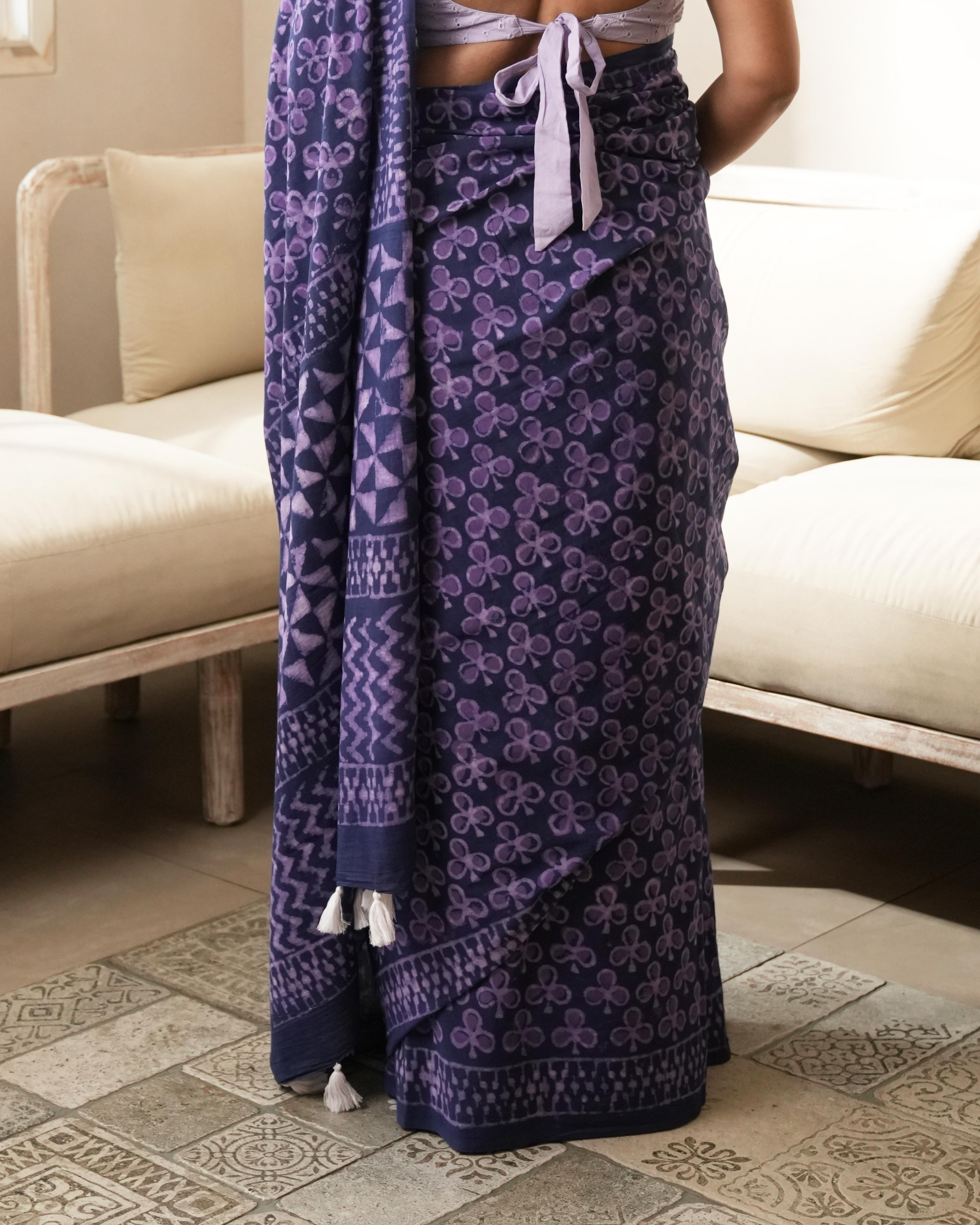 Dabu Print Mul Cotton Saree | Indigo Blue Tassel for Daytime Gatherings & Festive Wear