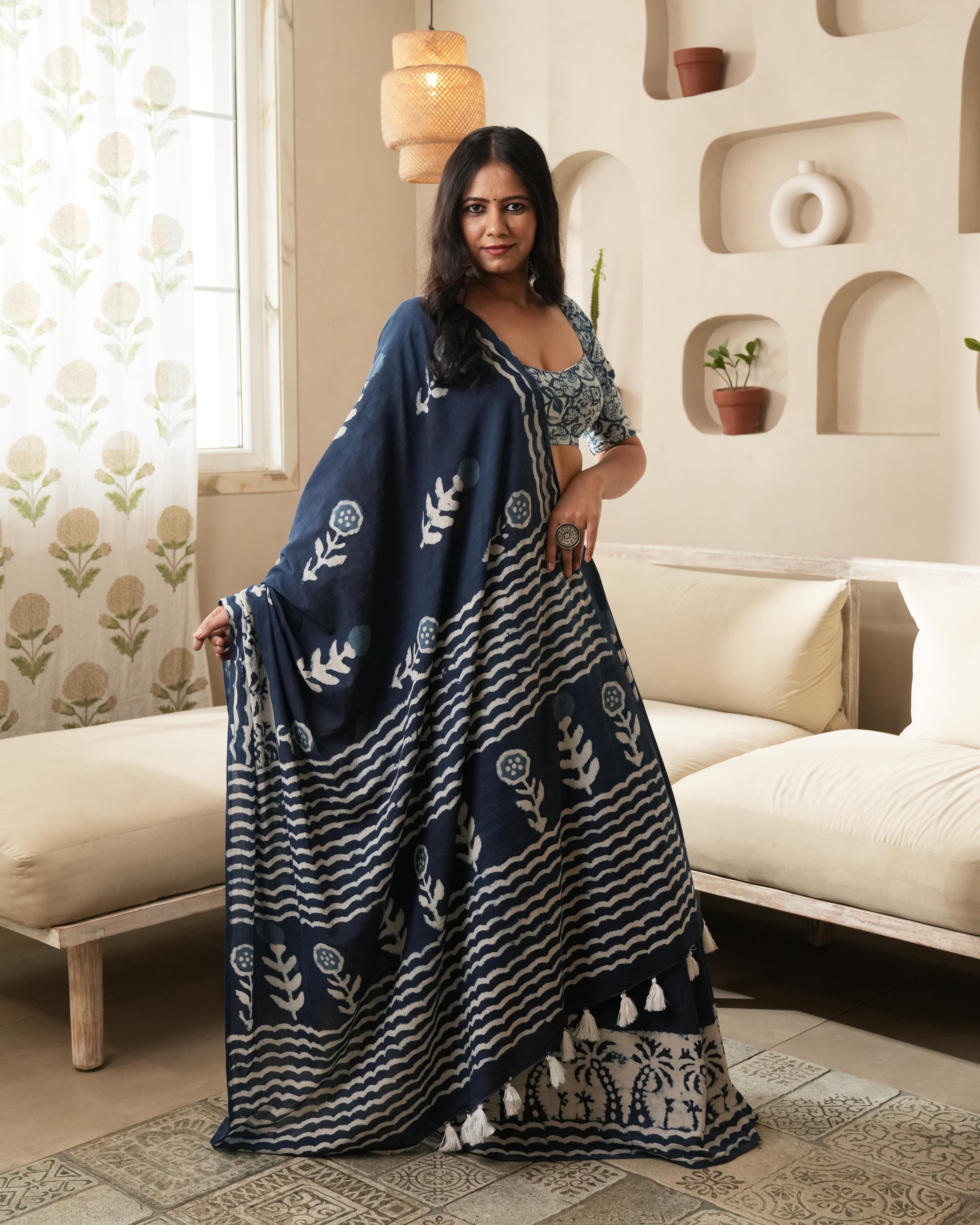 Dabu Print Mul Cotton Saree | Indigo Parecha Tassel for Festive & Cultural Occasions