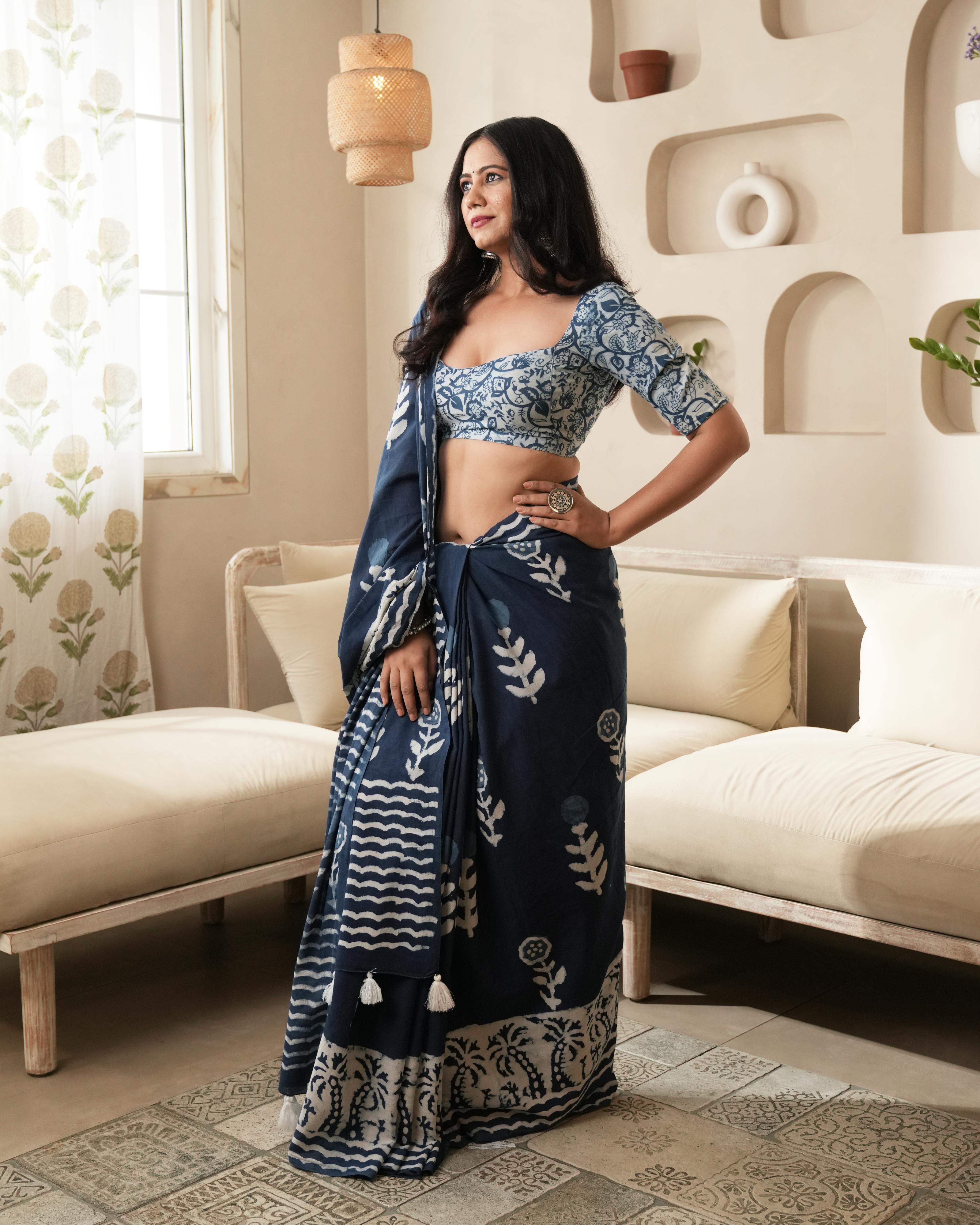 Dabu Print Mul Cotton Saree | Indigo Parecha Tassel for Festive & Cultural Occasions