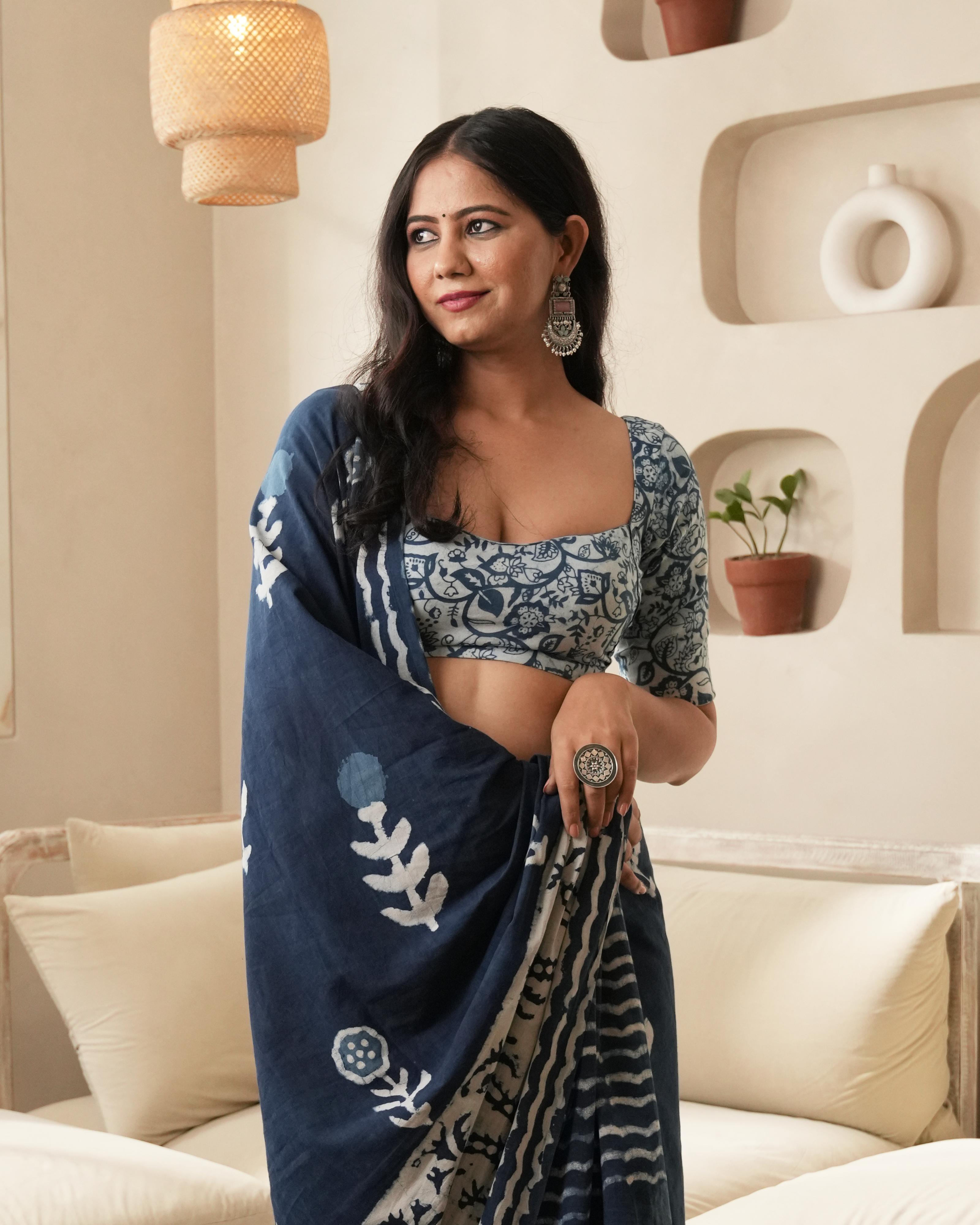 Dabu Print Mul Cotton Saree | Indigo Parecha Tassel for Festive & Cultural Occasions