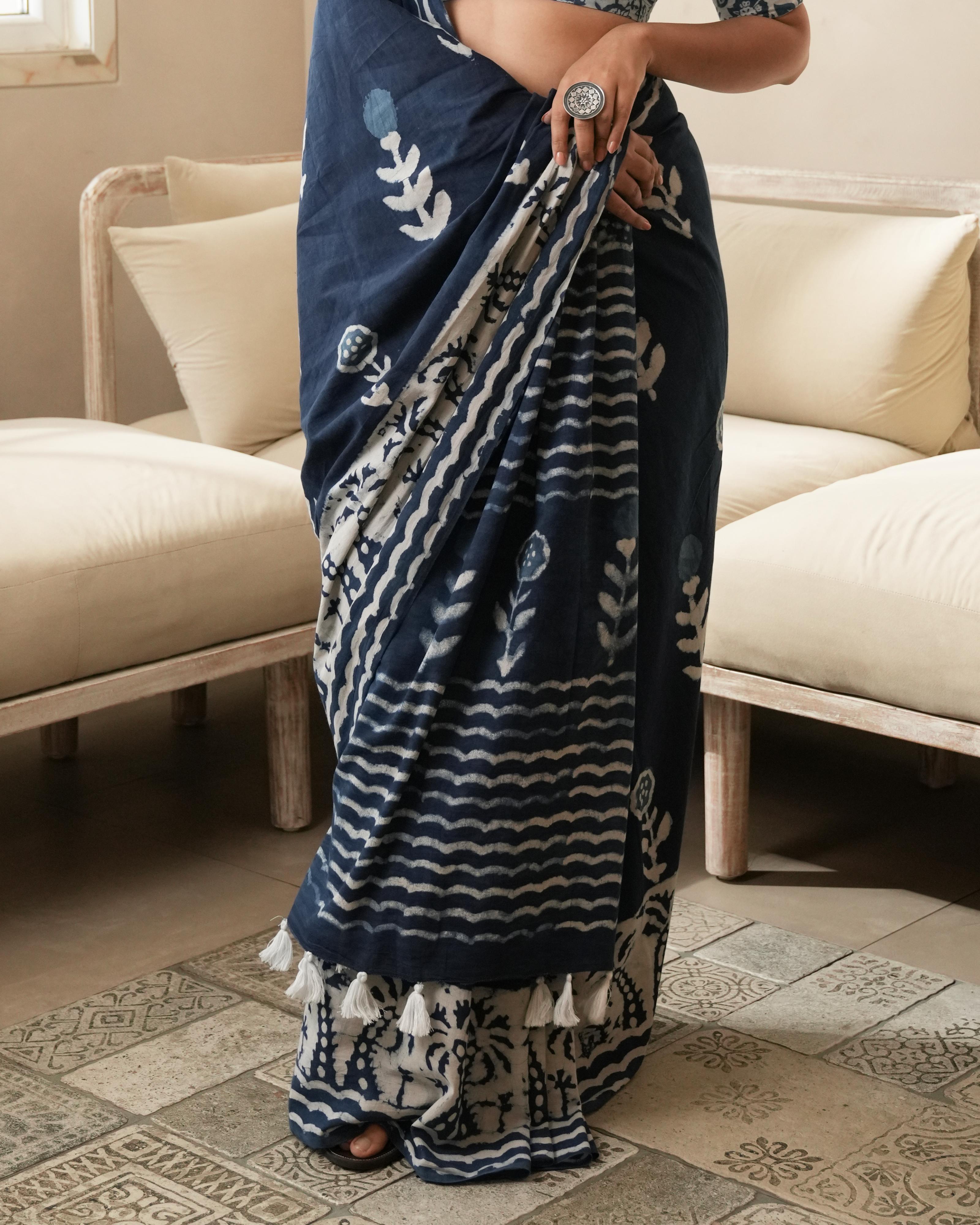 Dabu Print Mul Cotton Saree | Indigo Parecha Tassel for Festive & Cultural Occasions