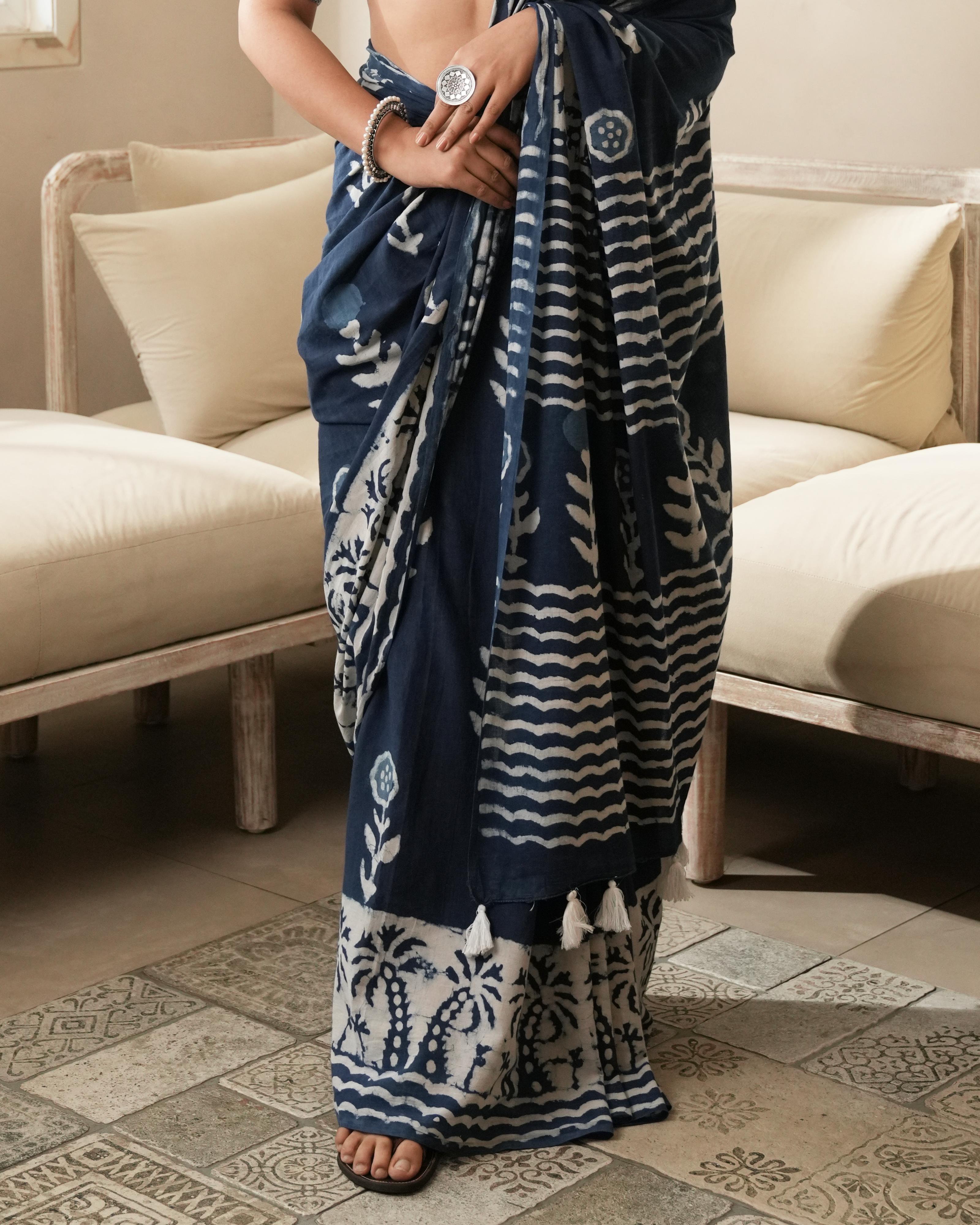 Dabu Print Mul Cotton Saree | Indigo Parecha Tassel for Festive & Cultural Occasions