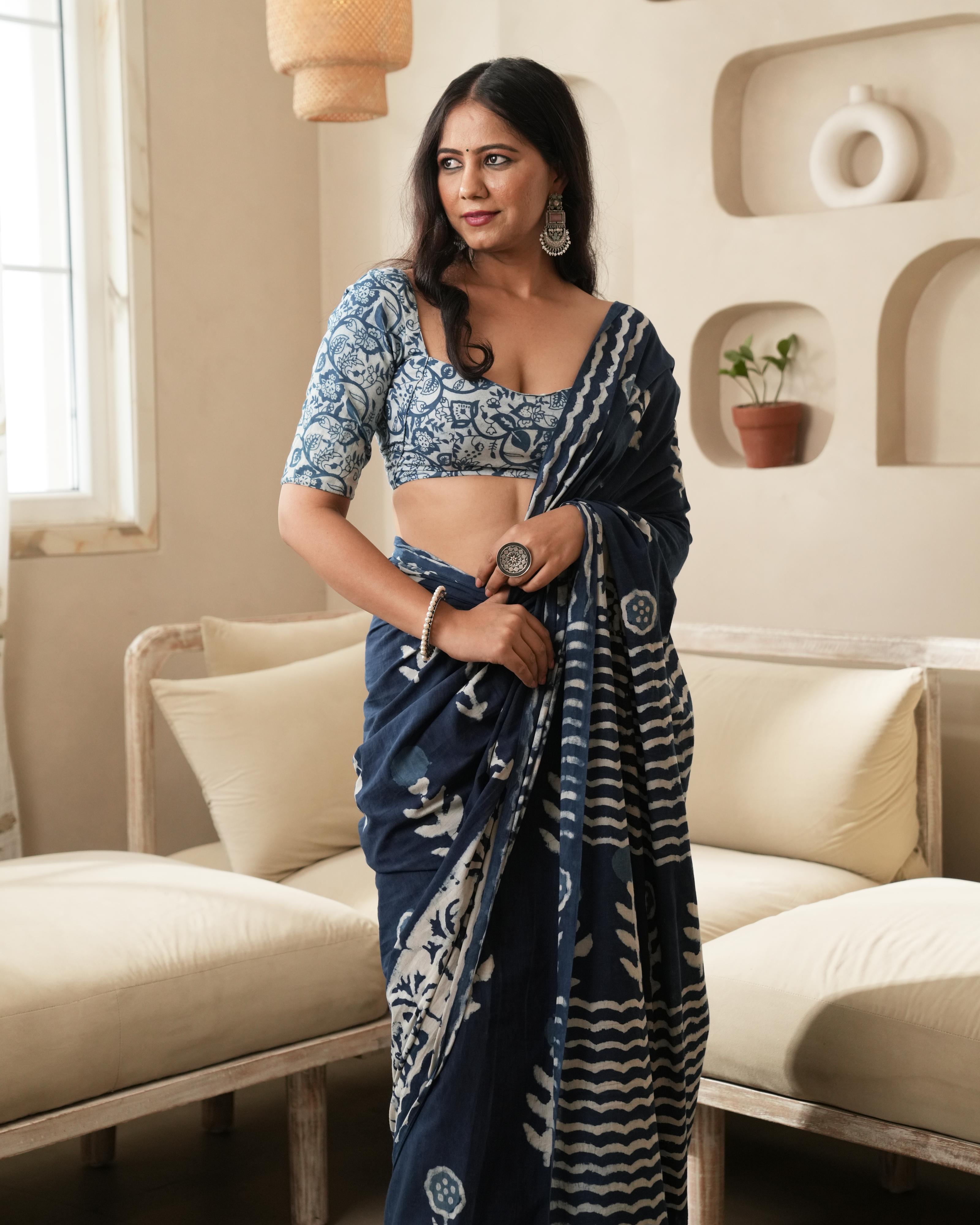 Dabu Print Mul Cotton Saree | Indigo Parecha Tassel for Festive & Cultural Occasions