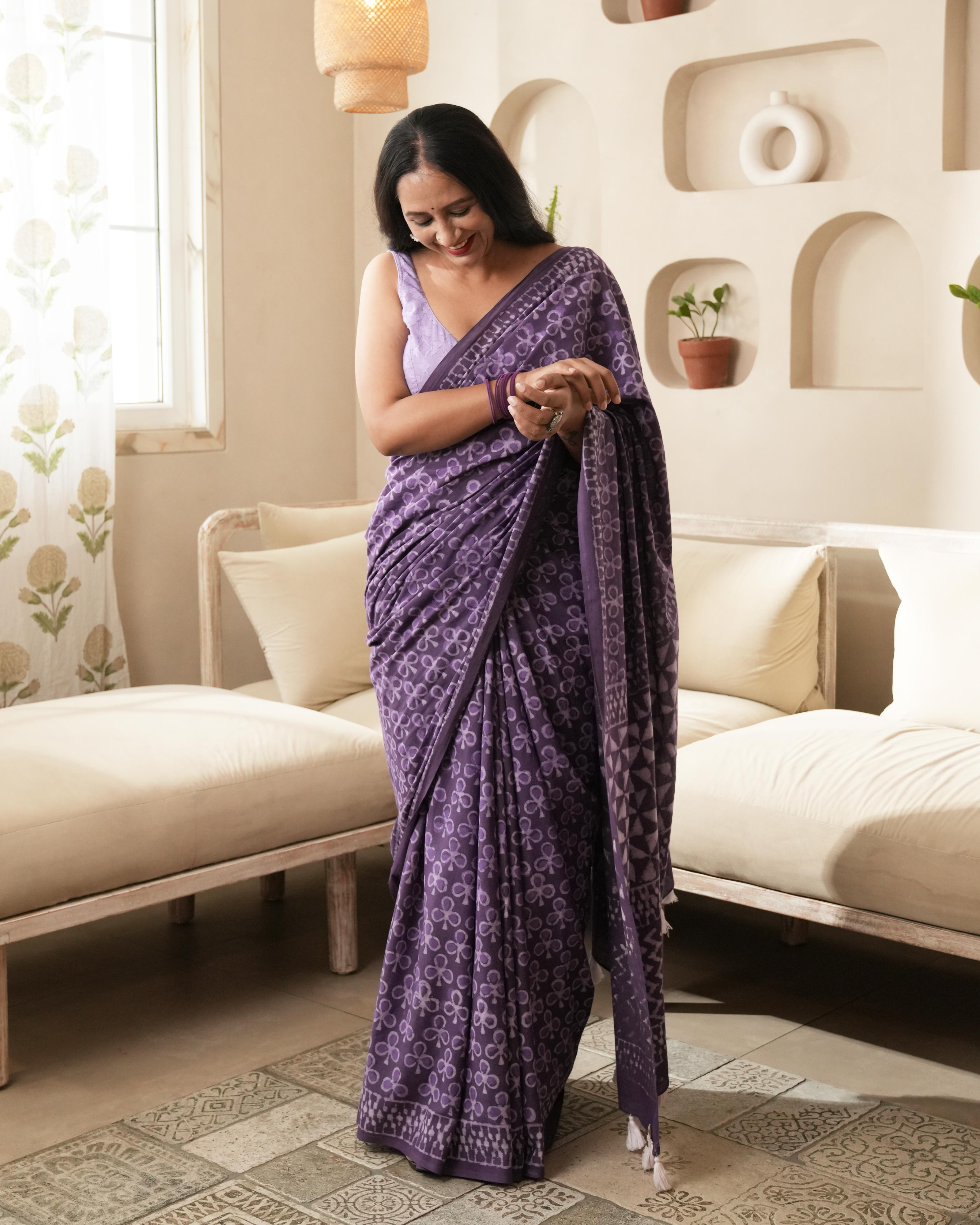 Dabu Print Mul Cotton Saree | Rustic Purple Butti Tassel for Cultural & Festive Wear