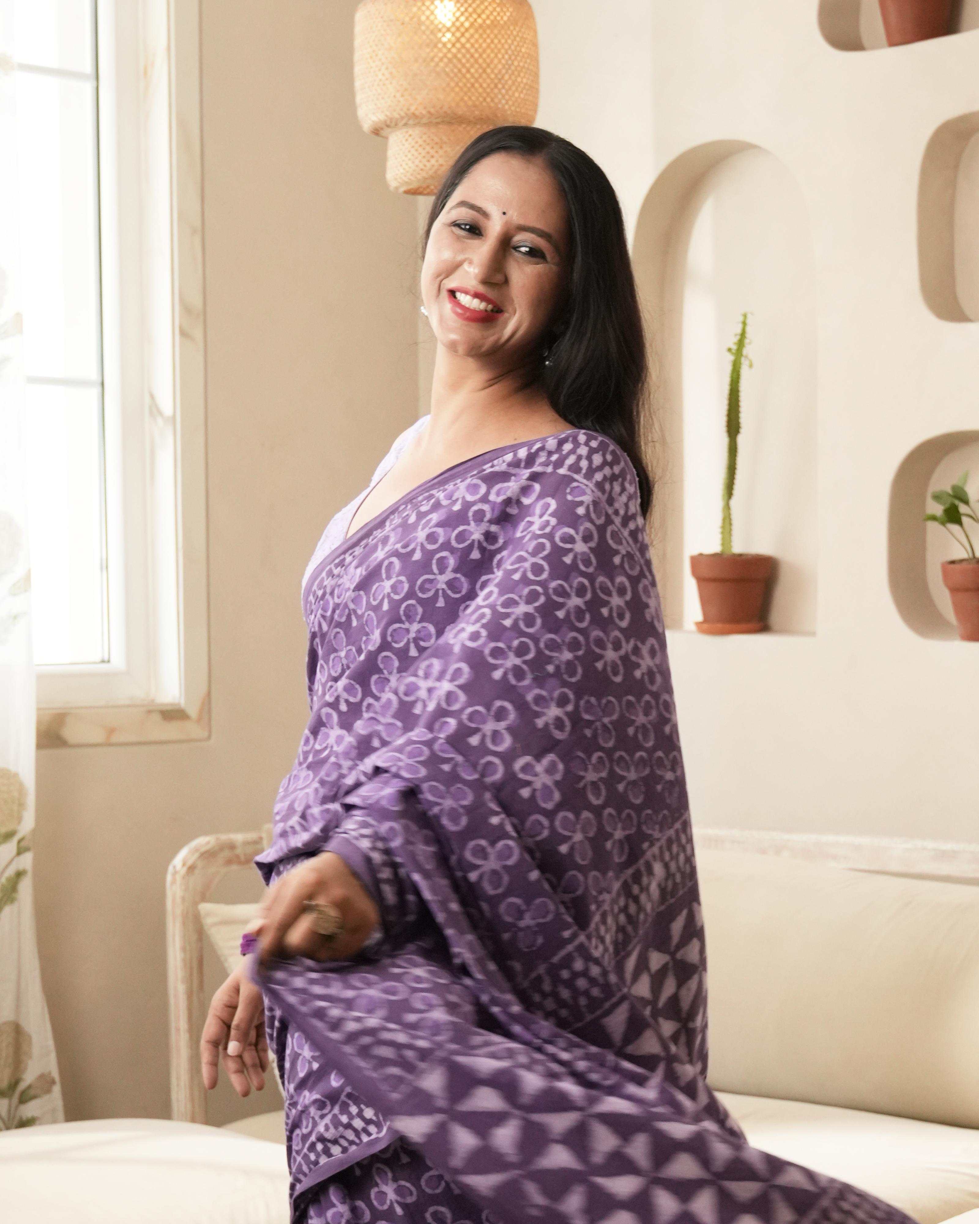 Dabu Print Mul Cotton Saree | Rustic Purple Butti Tassel for Cultural & Festive Wear