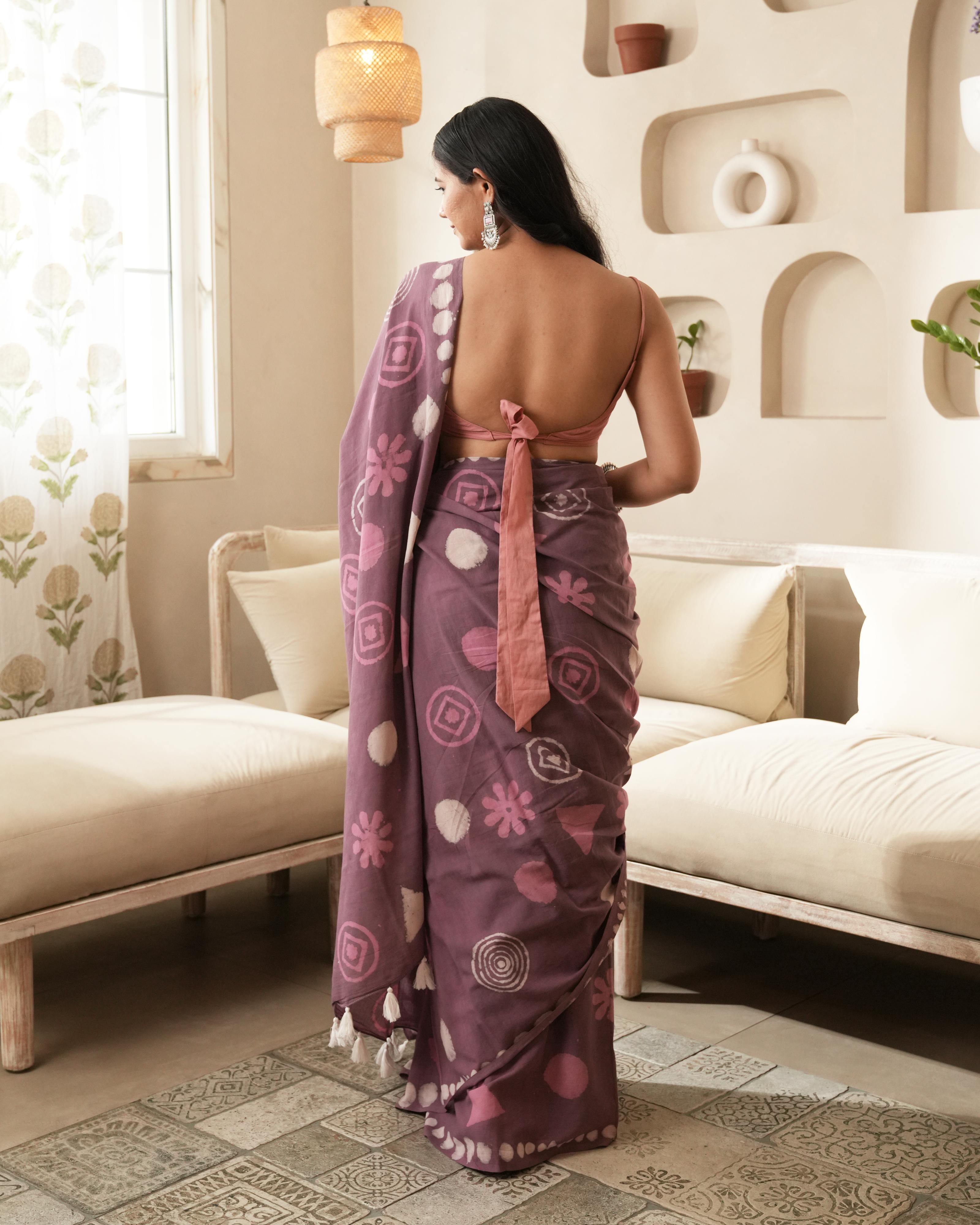 Dabu Print Mul Cotton Saree | Rustic Pink Multi Motif Tassel for Festive & Creative Events
