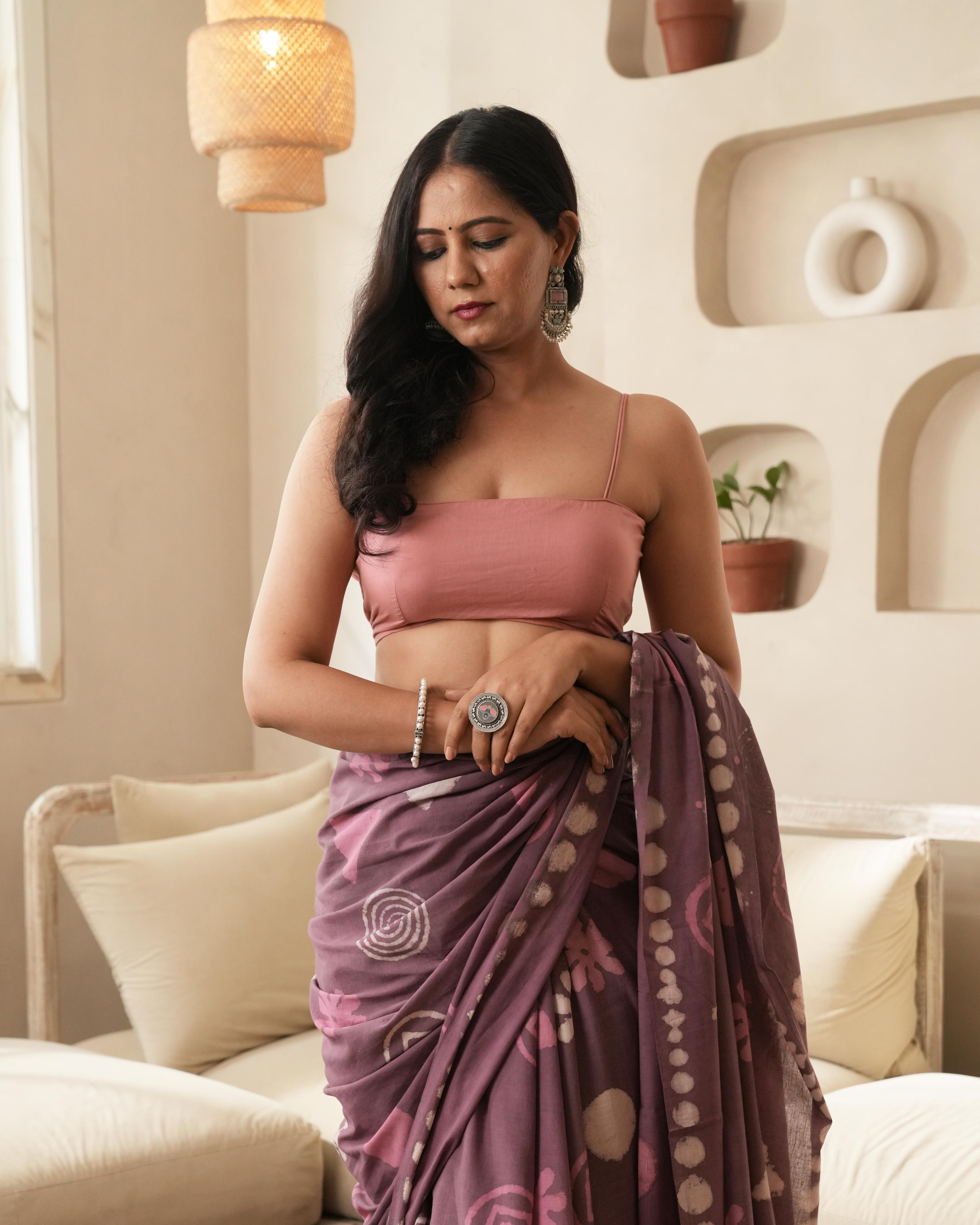 Dabu Print Mul Cotton Saree | Rustic Pink Multi Motif Tassel for Festive & Creative Events