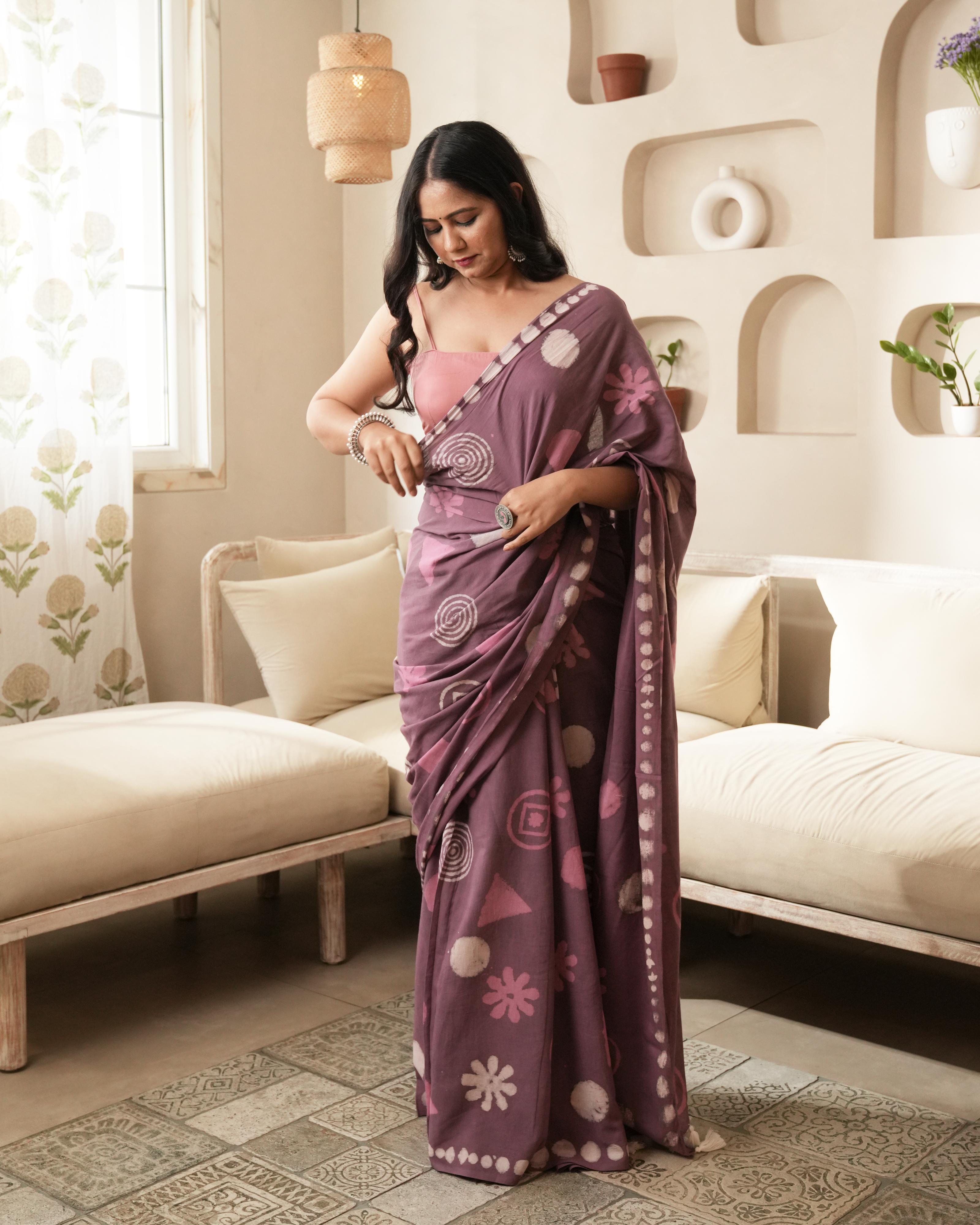 Dabu Print Mul Cotton Saree | Rustic Pink Multi Motif Tassel for Festive & Creative Events