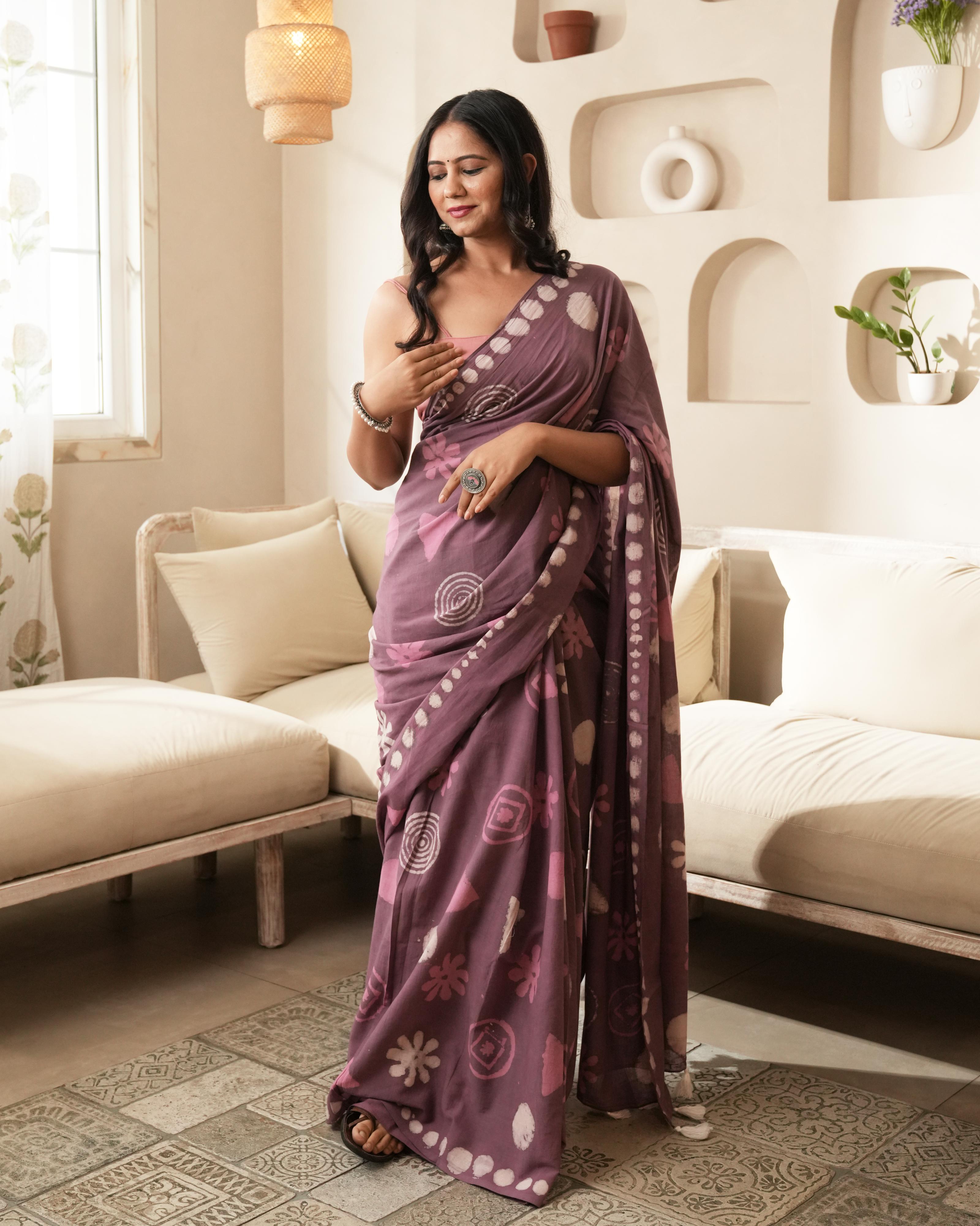 Dabu Print Mul Cotton Saree | Rustic Pink Multi Motif Tassel for Festive & Creative Events
