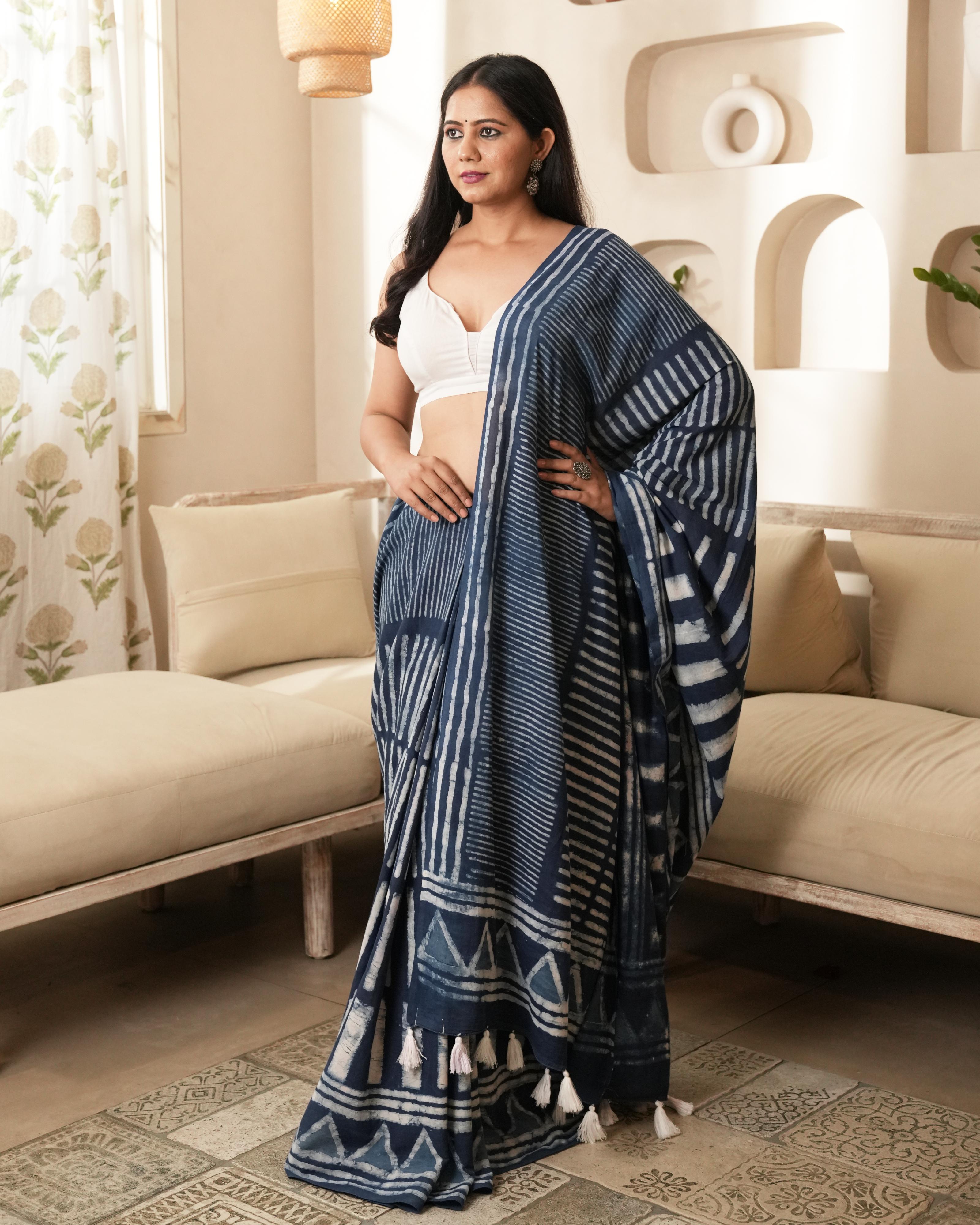 Dabu Print Mul Cotton Saree | Indigo Silli Tassel for Cultural & Festive Occasions