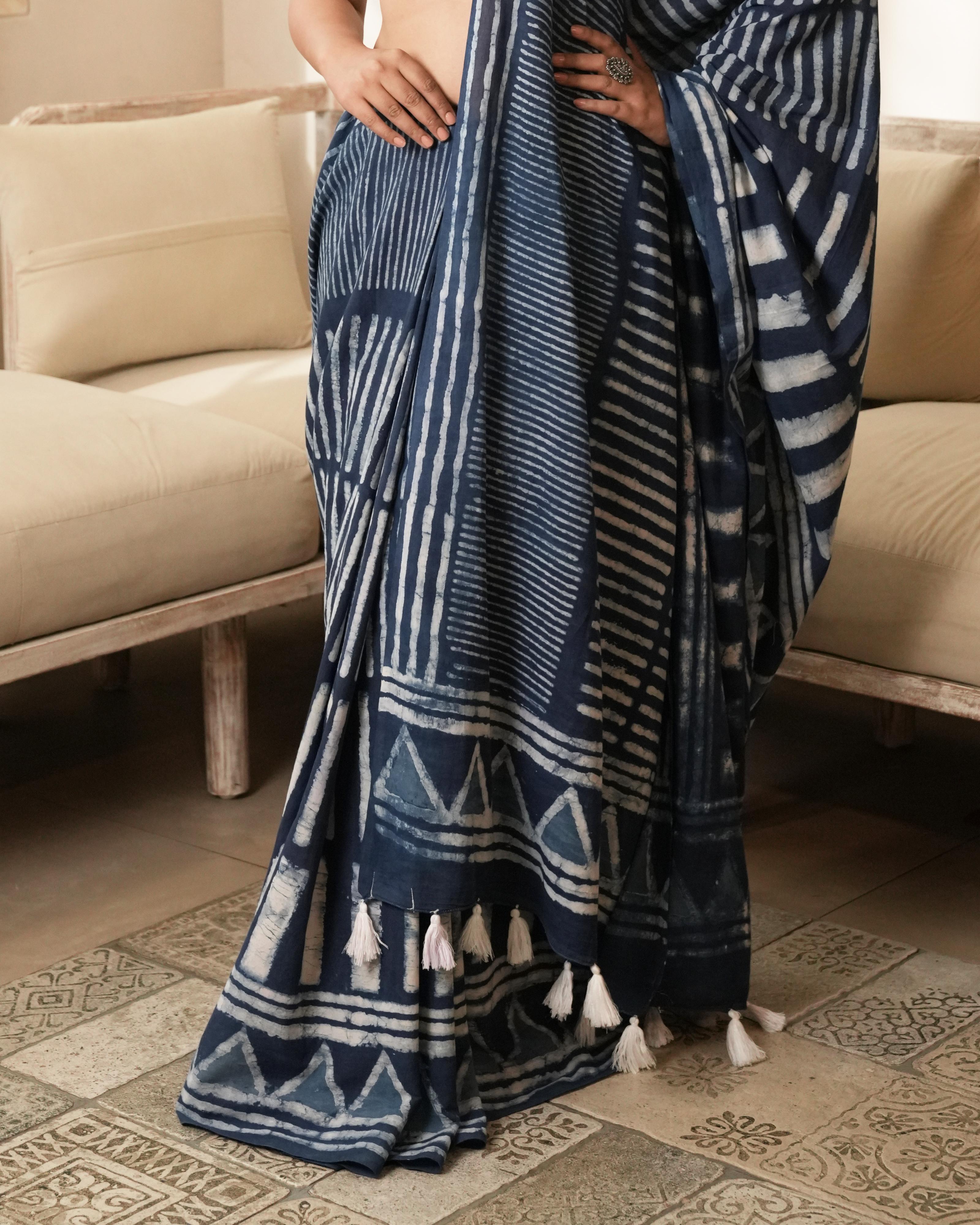 Dabu Print Mul Cotton Saree | Indigo Silli Tassel for Cultural & Festive Occasions