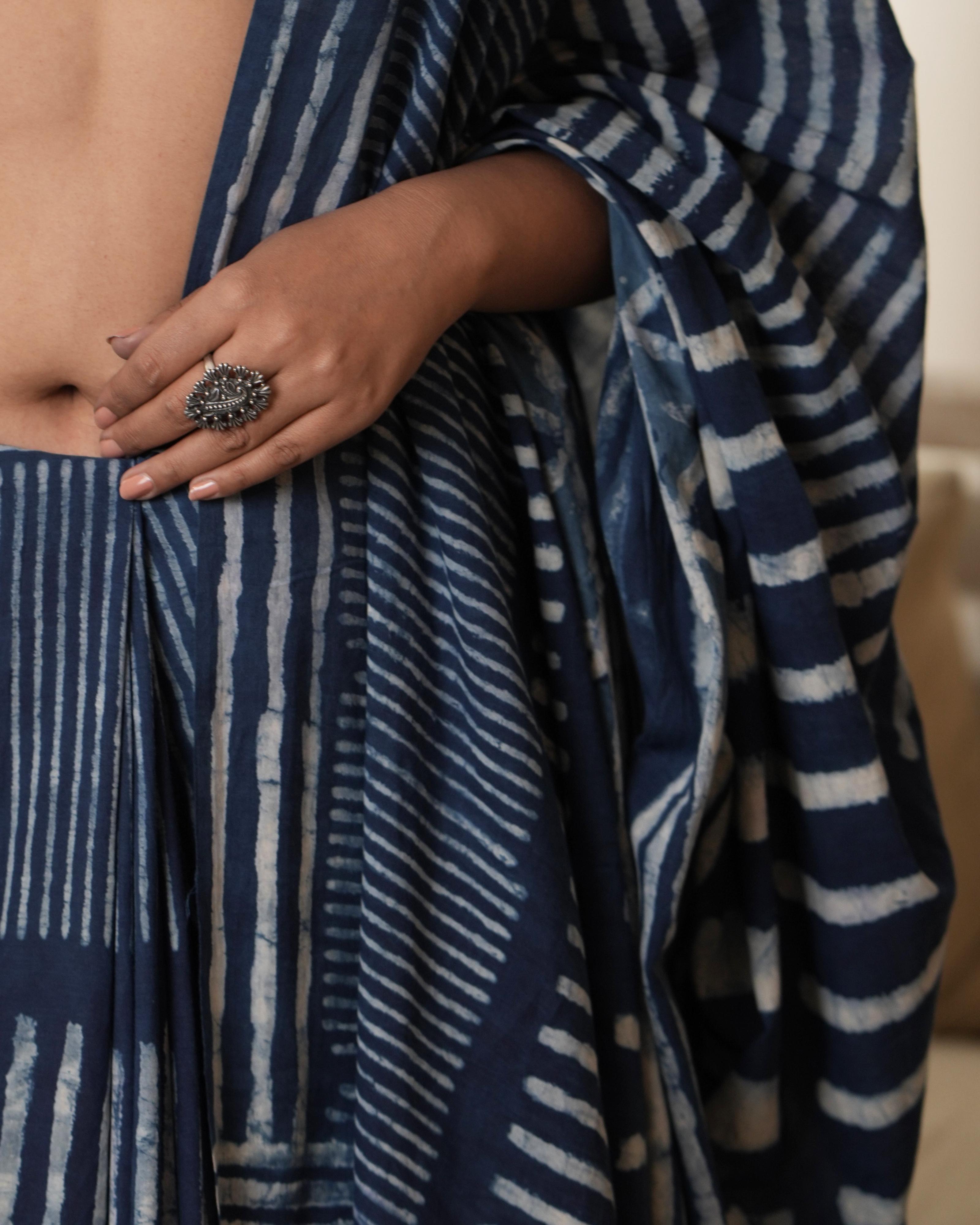 Dabu Print Mul Cotton Saree | Indigo Silli Tassel for Cultural & Festive Occasions