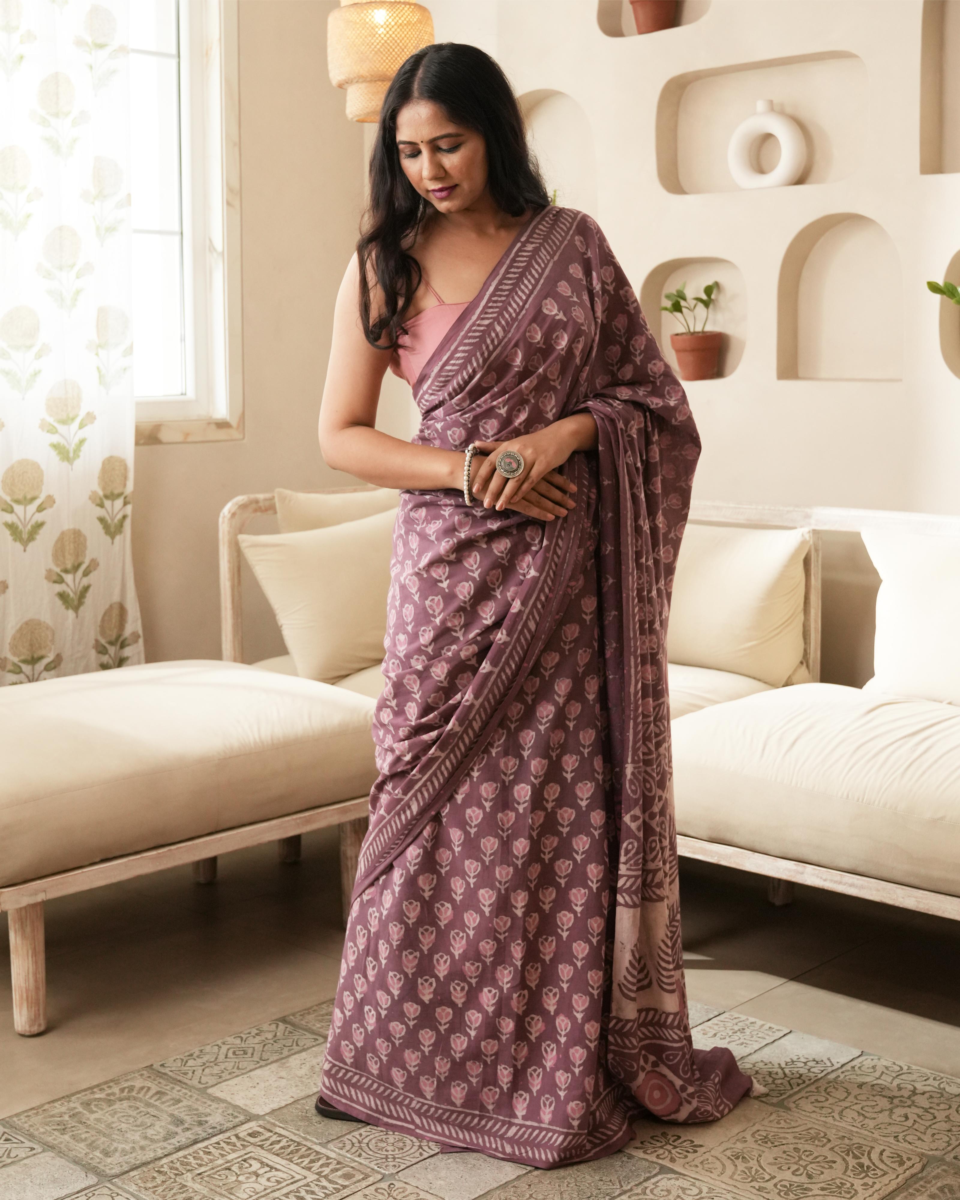 Dabu Print Mul Cotton Saree | Rustic Pink Tassel for Cultural & Festive Occasions