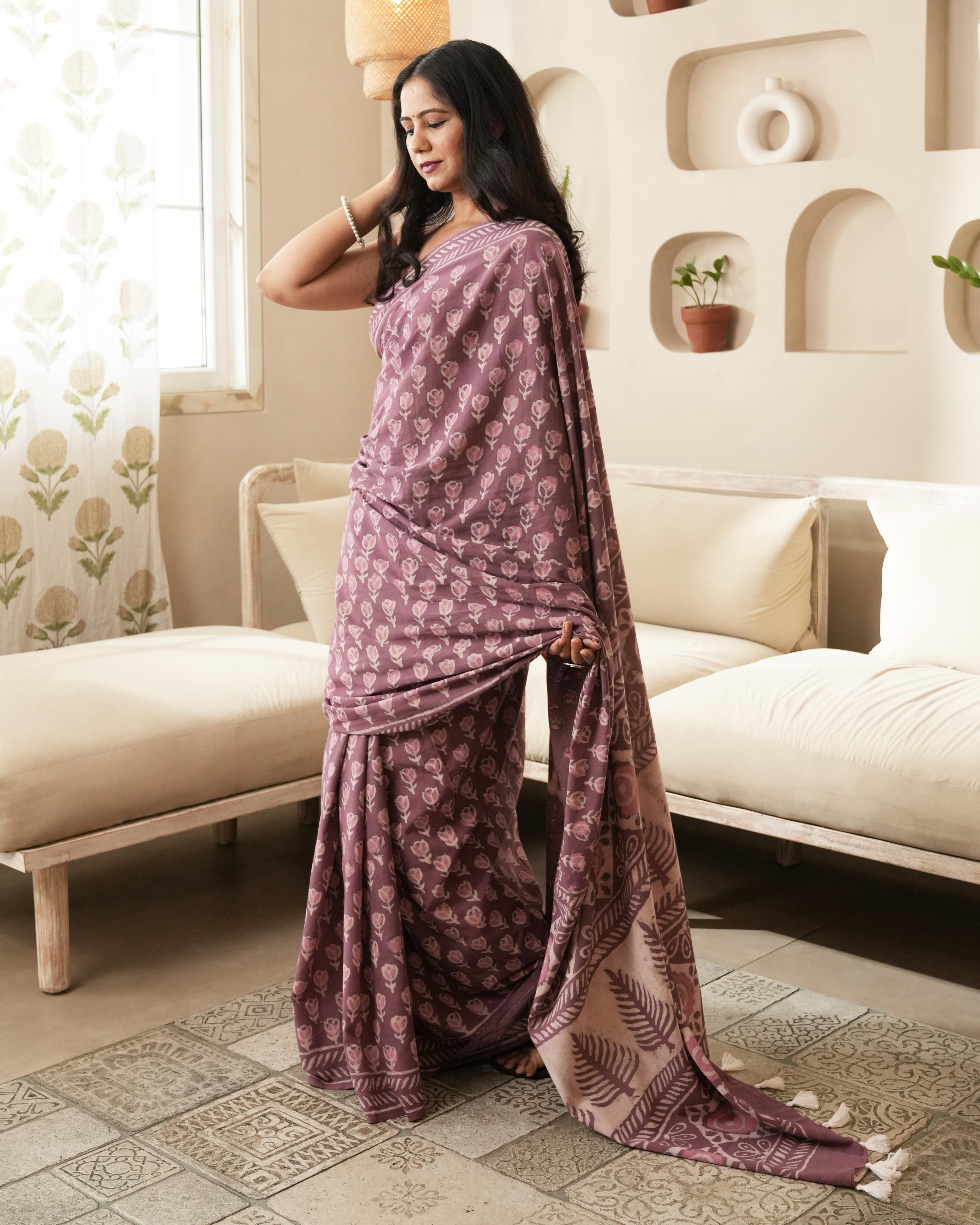 Dabu Print Mul Cotton Saree | Rustic Pink Tassel for Cultural & Festive Occasions
