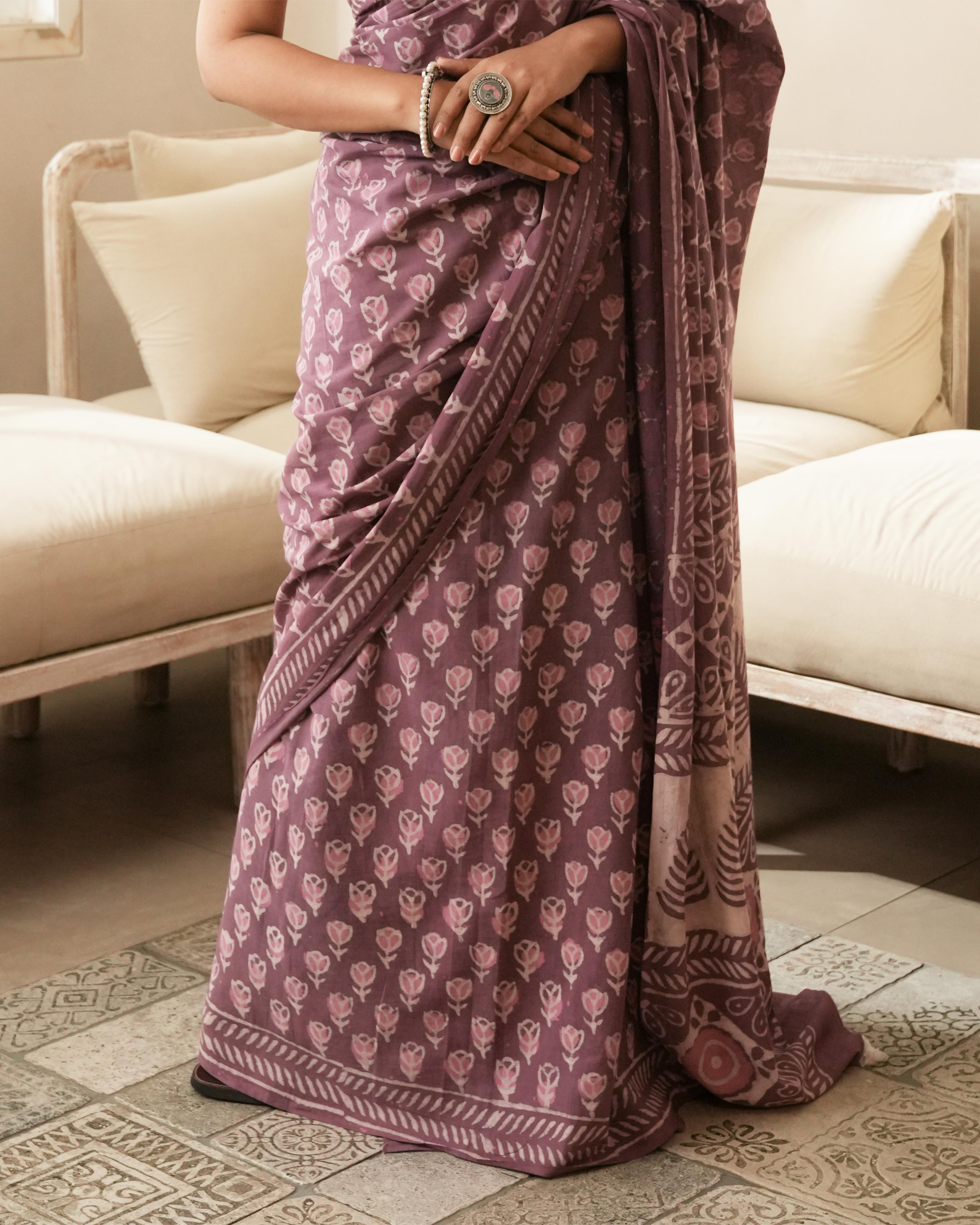 Dabu Print Mul Cotton Saree | Rustic Pink Tassel for Cultural & Festive Occasions