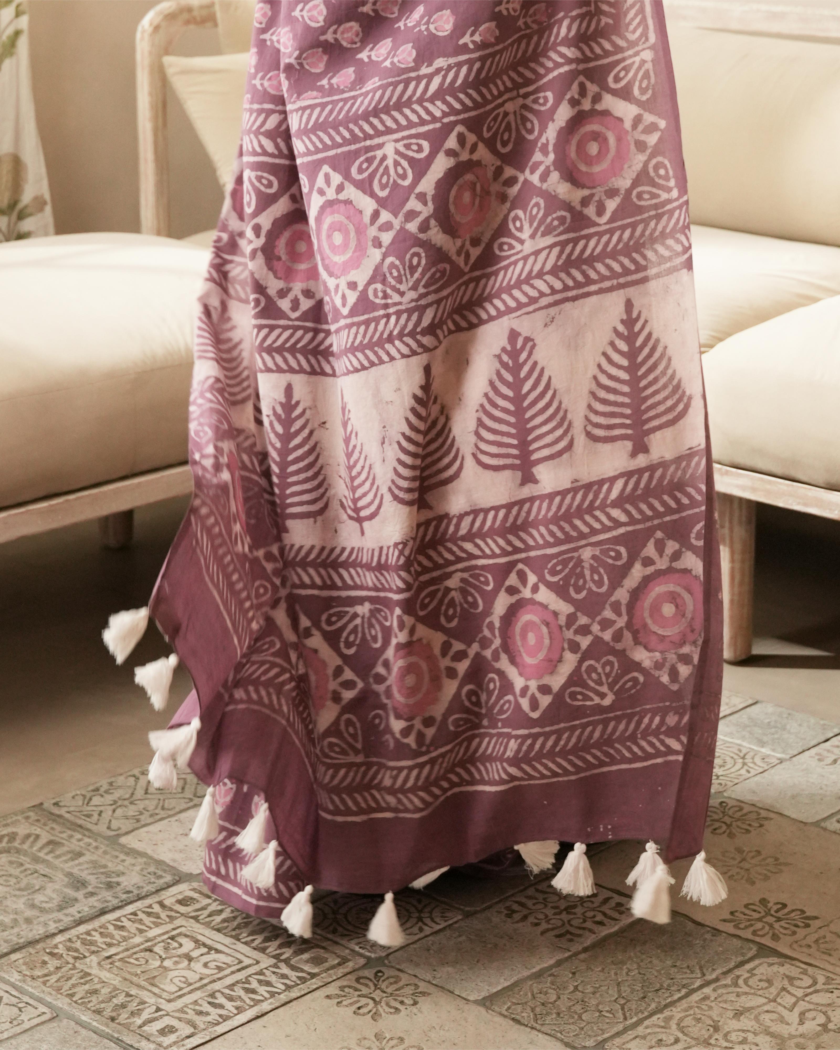 Dabu Print Mul Cotton Saree | Rustic Pink Tassel for Cultural & Festive Occasions