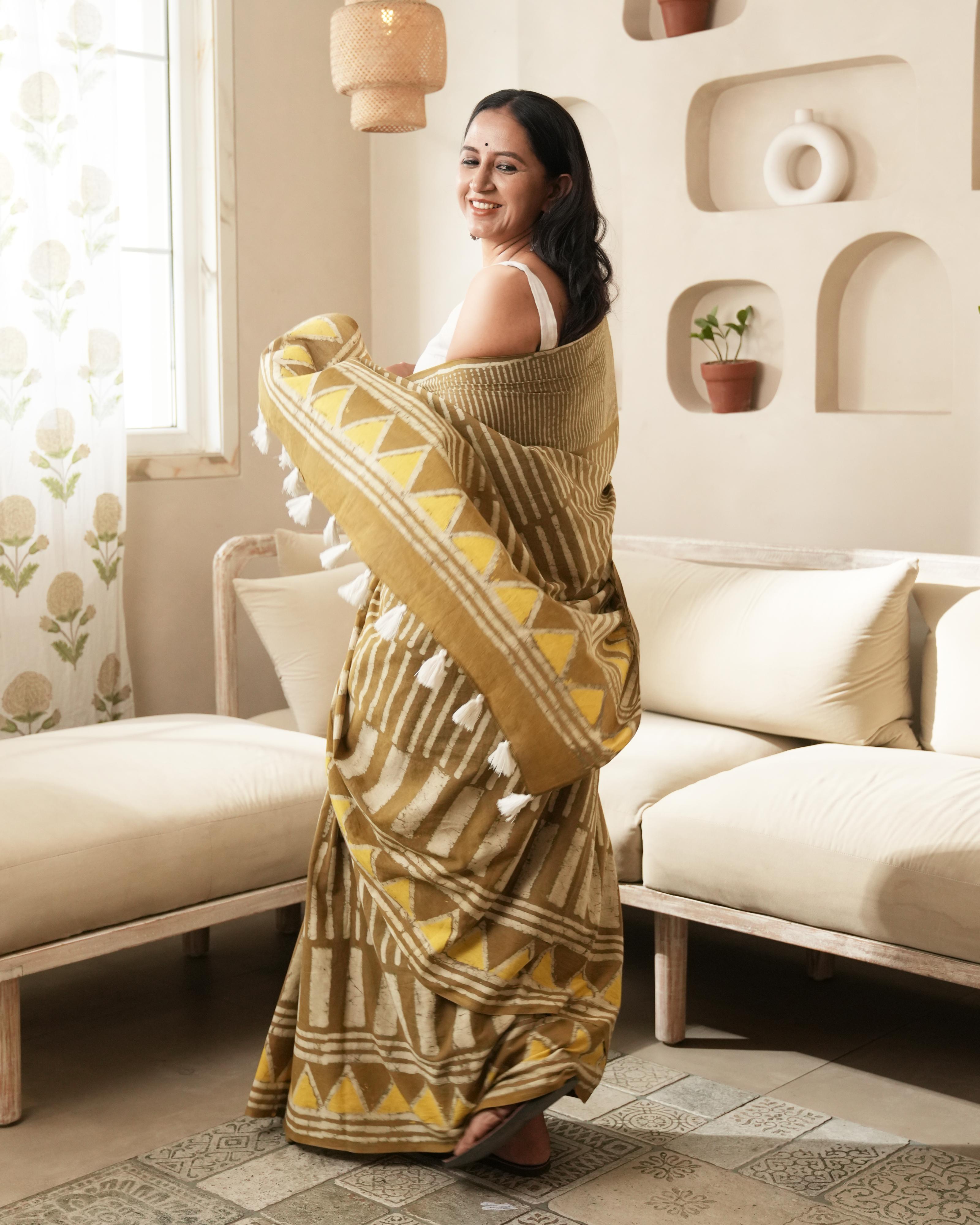 Dabu Print Mul Cotton Saree | Mustard Silli Tassel for Festive & Cultural Occasions