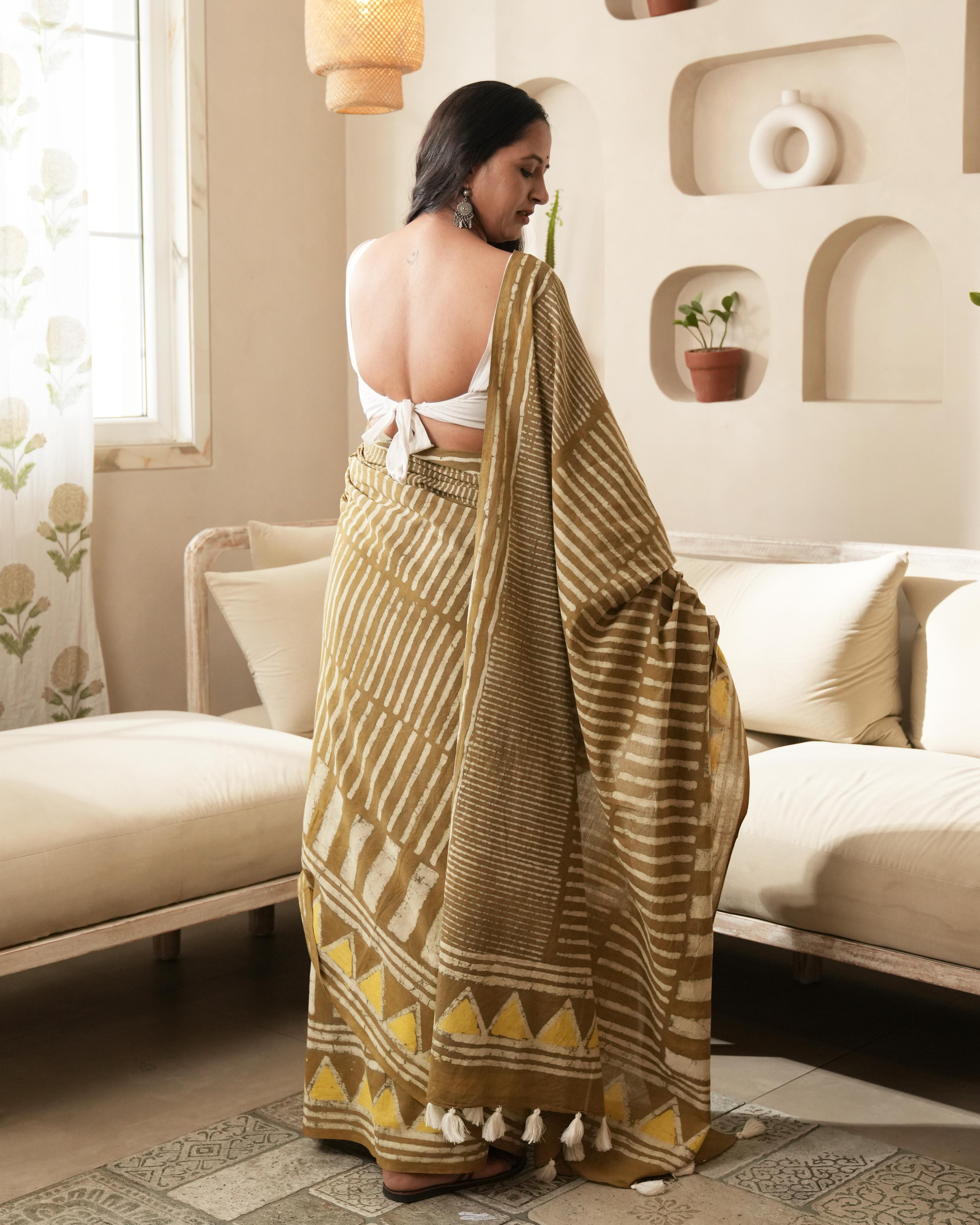 Dabu Print Mul Cotton Saree | Mustard Silli Tassel for Festive & Cultural Occasions